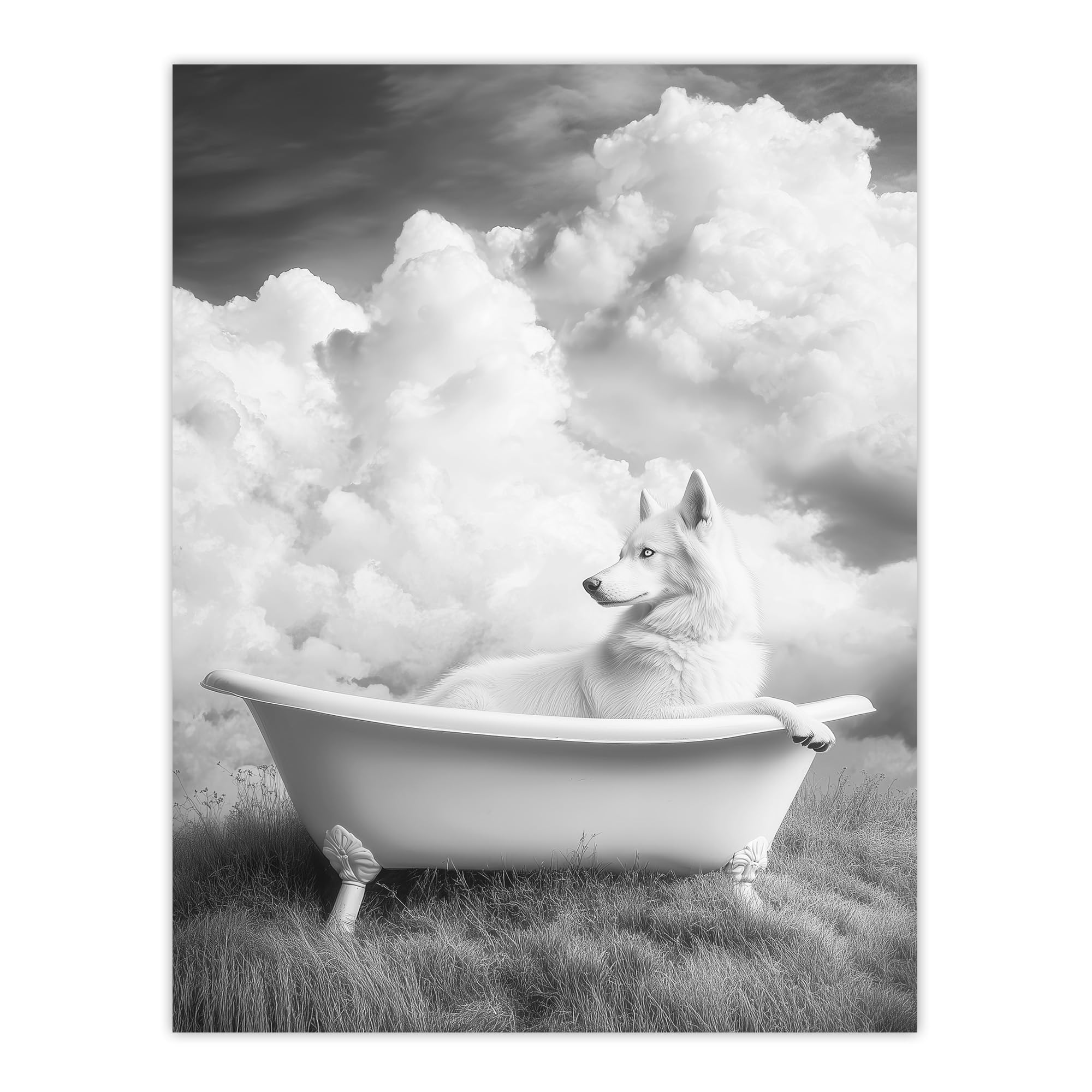 Artery8 Husky in a Bathtub on Field Black White Surreal Bathroom Toilet Extra Large XL Wall Art Poster Print
