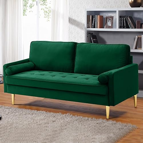 Miniatura 3 de RXRRXY Moderno sofá biplaza de terciopelo de 67 pulgadas, sofá pequeño tapizado de mediados de siglo con 2 almohadas y 4 patas doradas, sofás de 2