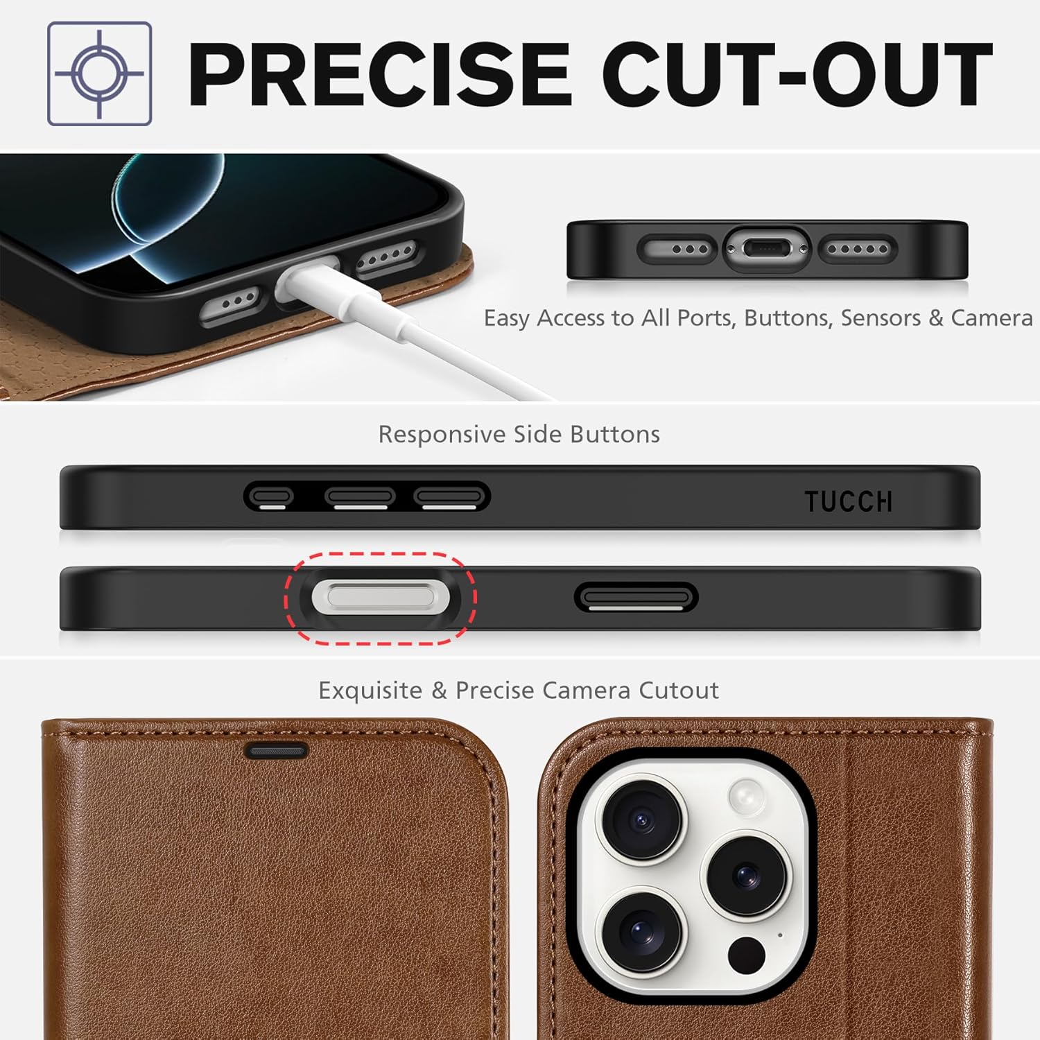 TUCCH Case for iPhone 16 Pro, Flip Wallet PU Leather Magnetic Protective Cover with [RFID Blocking] [4 Card Slots] Stand TPU Interior Case Compatible with iPhone 16 Pro, Brown