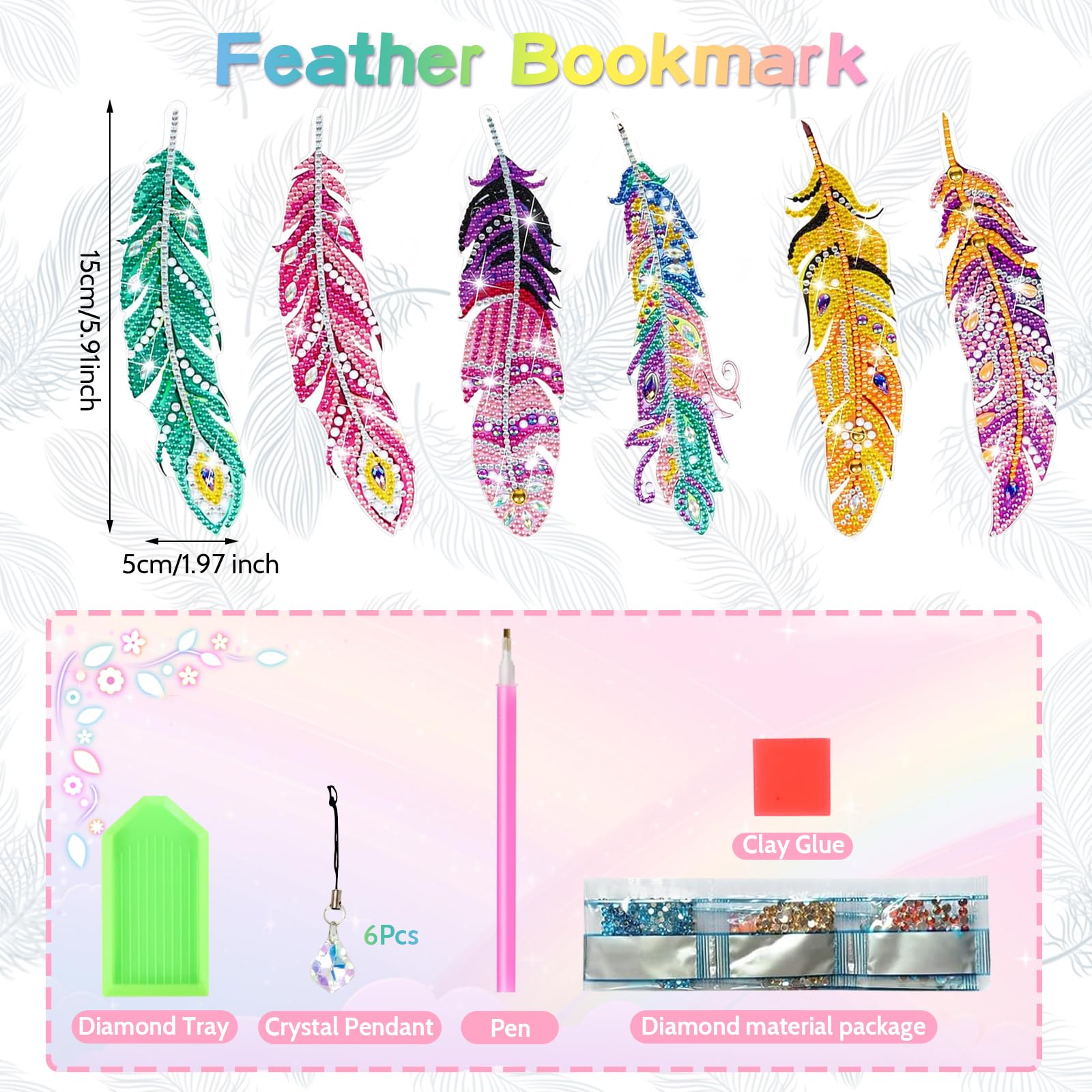 6Pcs Diamond Painting Bookmarks DIY Kit Diamond Art Feather Bookmarks for Women Crystal Creations Arts and Crafts Kits for Kids Adults - Image 2