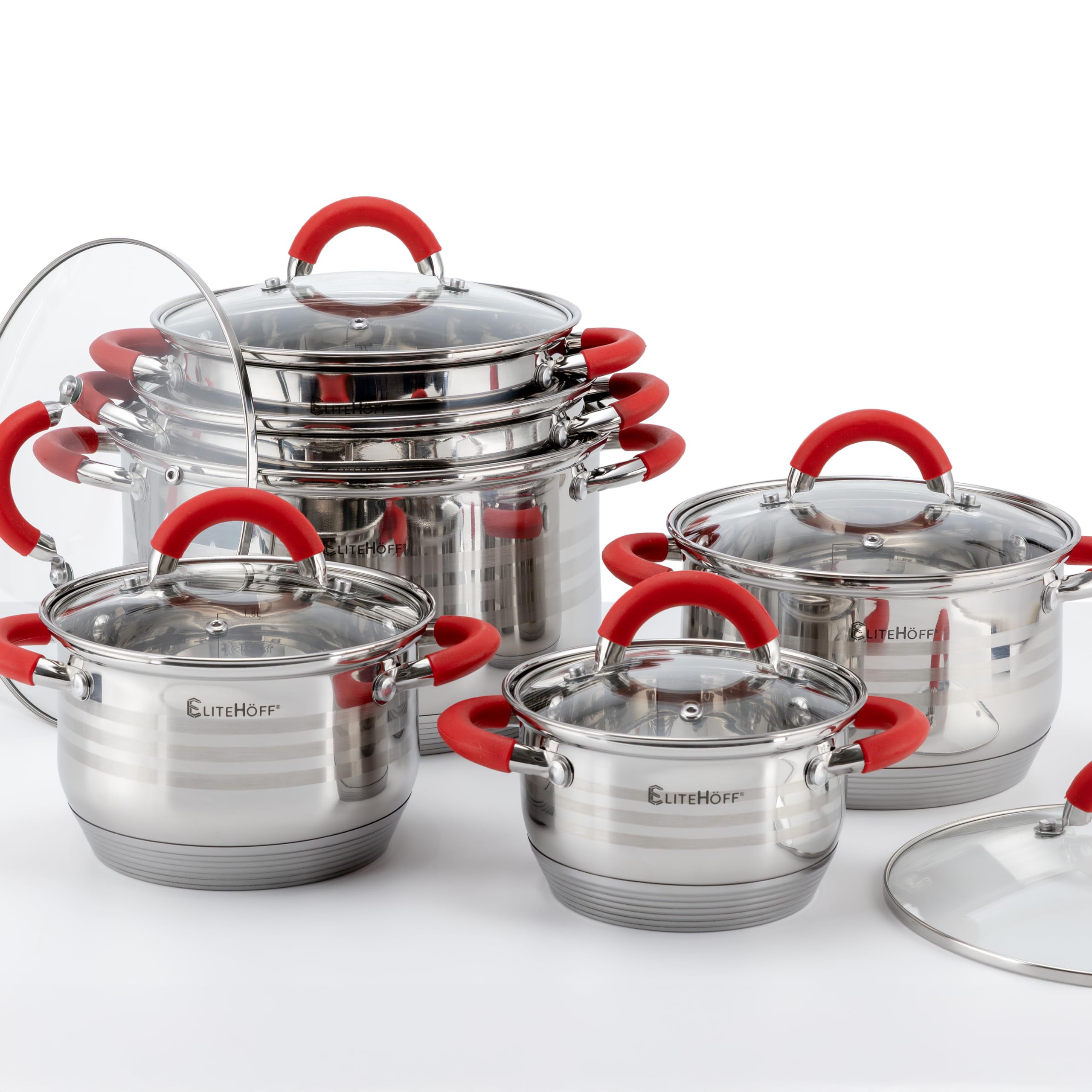 EliteHoff Set di pentole a induzione da 12 pezzi, pentola in acciaio inossidabile a 7 strati, set di 6 pentole con coperchi e maniglie in silicone, per tutti i tipi di pentole, rosso (E-4028)