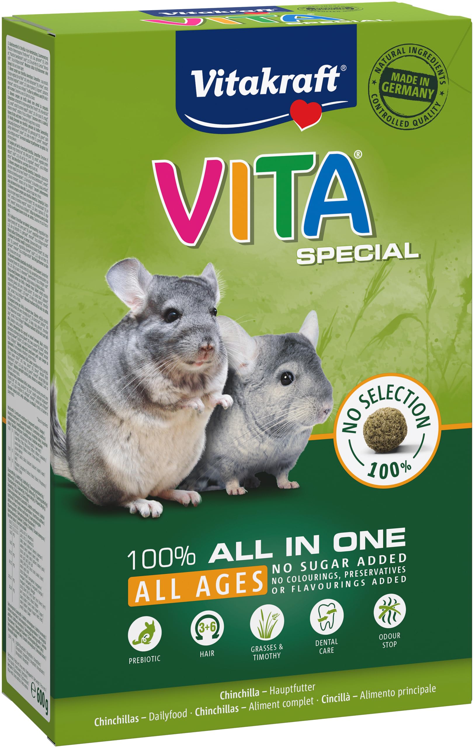 Vitakraft Vita Special All Ages, Chinchilla Futter, mit Gräsern und Kräutern, für eine optimale Verdauung, ohne Zusatz von Zucker und Getreide (1x 600g)