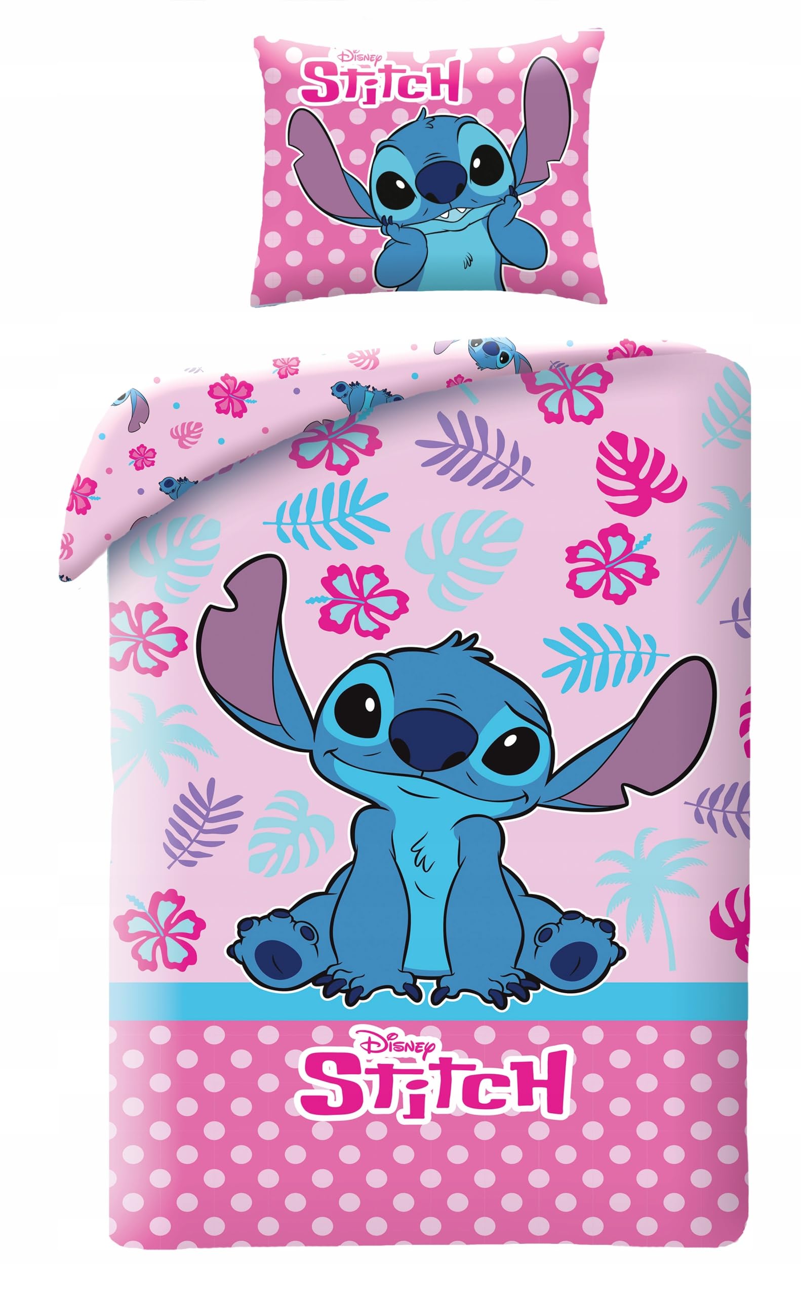 Disney Lilo e Stitch – Juego de cama con funda nórdica individual reversible de 140 x 200 cm y funda de almohada de 70 x 90 cm – Rosa multicolor – 100% algodón OEKO-TEX