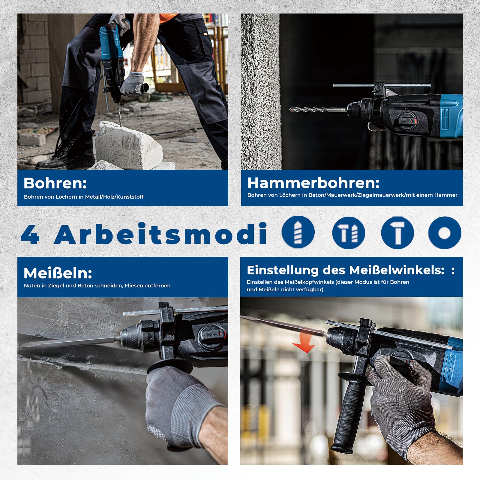 DongCheng Bohrhammer 800W, Schlagenergie 2.8 J, Leerlaufdrehzahl 0-1200U/min, mit 4 Drill Bit SDS plus, Bohren bis 26mm, 4 in 1 Bohrmaschine, Abbruchhammer, Anti-Vibrationsgriff