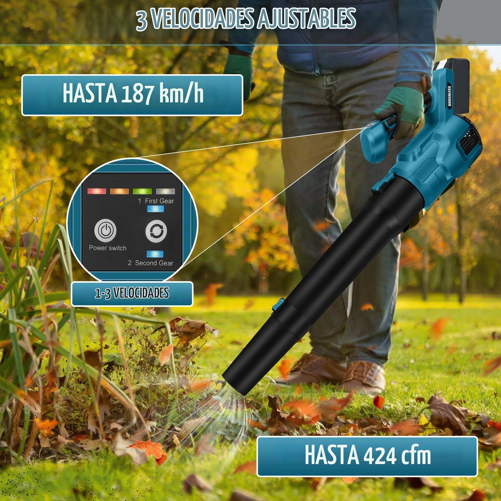 Soplador De Hojas Inalámbrico Compatible con Makita 18 V Batería(sin Batería), Motor Sin Escobillas, 3 Velocidades Ajustables hasta 52 M/s, Soplador De Hojas Manual para El Cuidado del