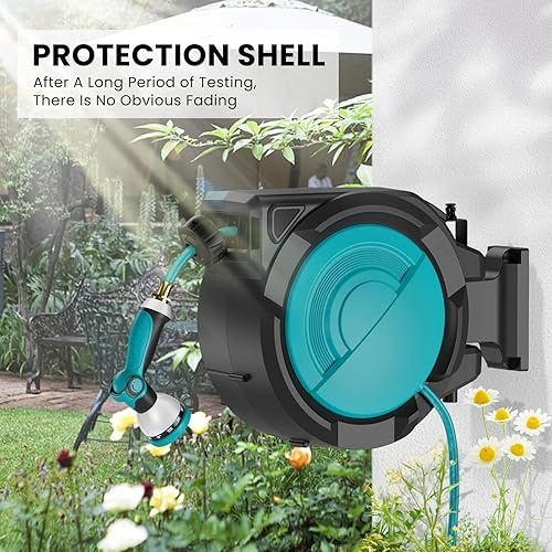 Miniatura 2 de Carrete de manguera de jardín retráctil de 12 pulgada x 100 pies, carrete de manguera resistente montado en la pared, bloqueo de cualquier longitud,