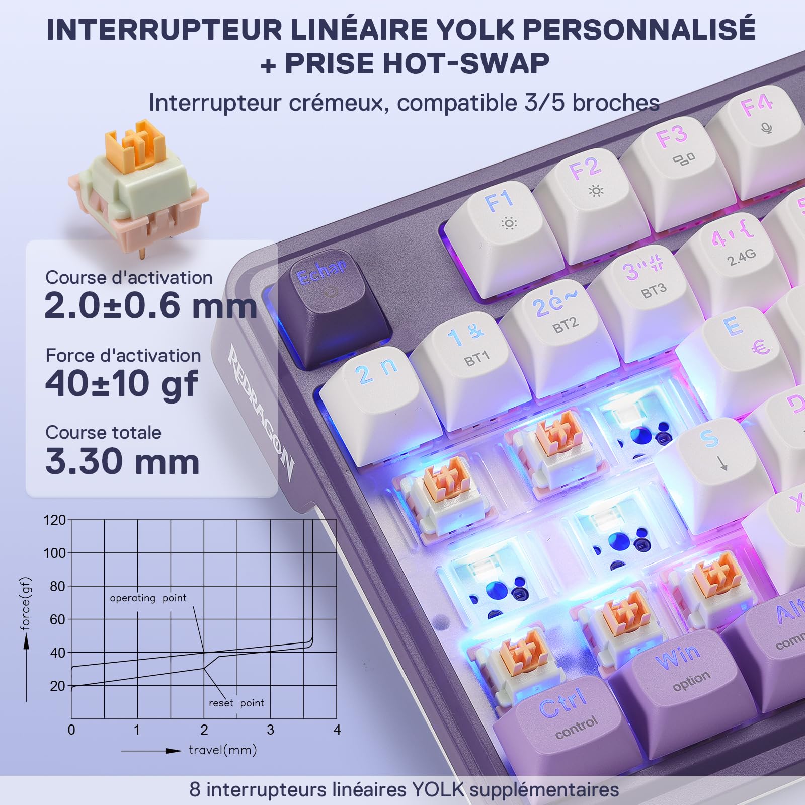 Redragon K745 Pro Clavier Mécanique sans Fil 3 Modes RGB AZERTY FR, 105+4 Touches, 4 Macros, Hot-Swap, Amortissement 5 Couches, Touches PBT Translucides, Switch Linéaire Yolk