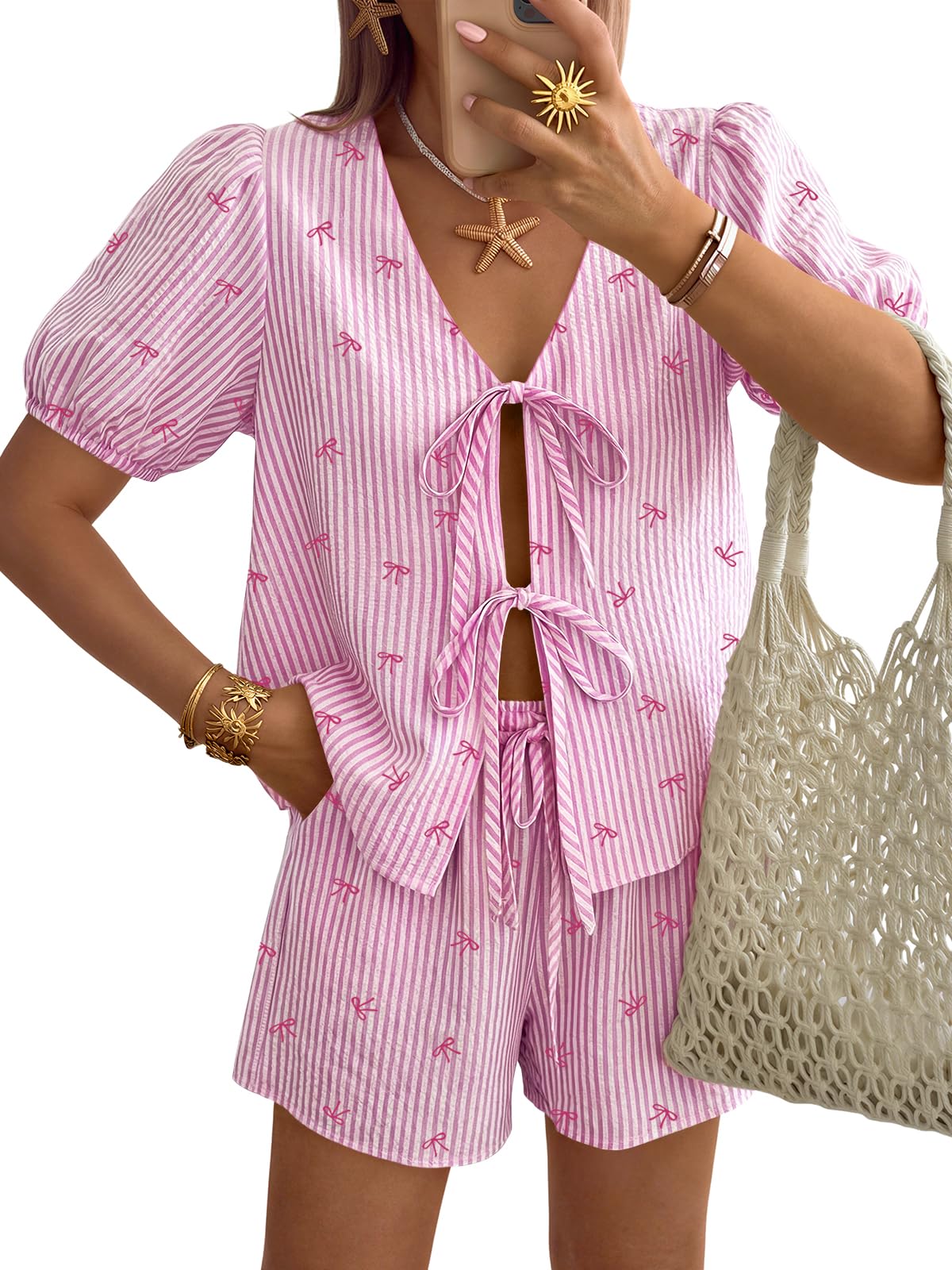 Women Short Set 2 Pieces Summer Holiday Beach Outfit Matching Clothes Cute Striped Lace Up Front Set-image-16