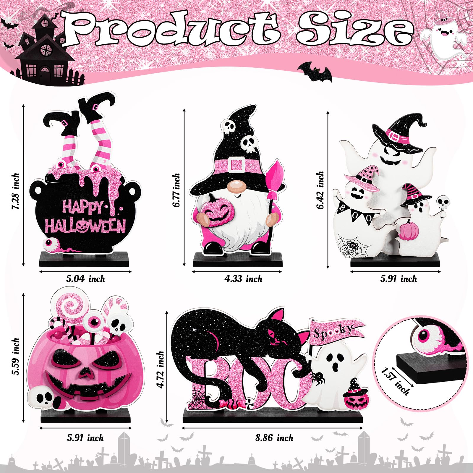 Blosssound 5 Pcs Halloween Table Signs Decor Happy Boo Day Wooden Sign Black and Pink Spooky Gnome Cat Pumpkin Ghost Witch Centerpieces for Halloween Indoor Home Table Party Decorations
