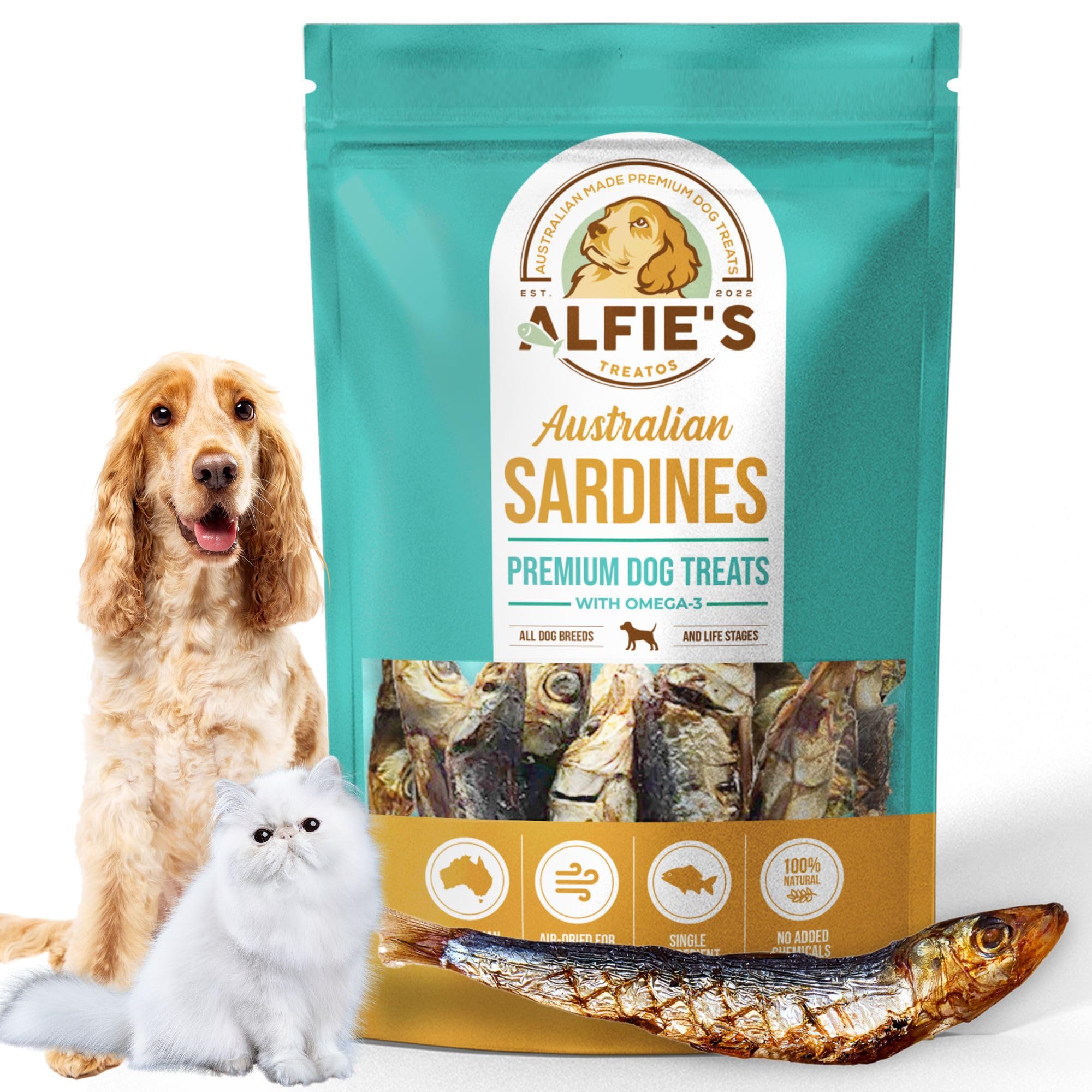 ALFIE'S TREATOS Sardines for Dogs & Cats (2.65 oz), Air-Dried Fish Dog Treats, Omega-3 Food Topper, Single Ingredient, Australian Wild-Caught,