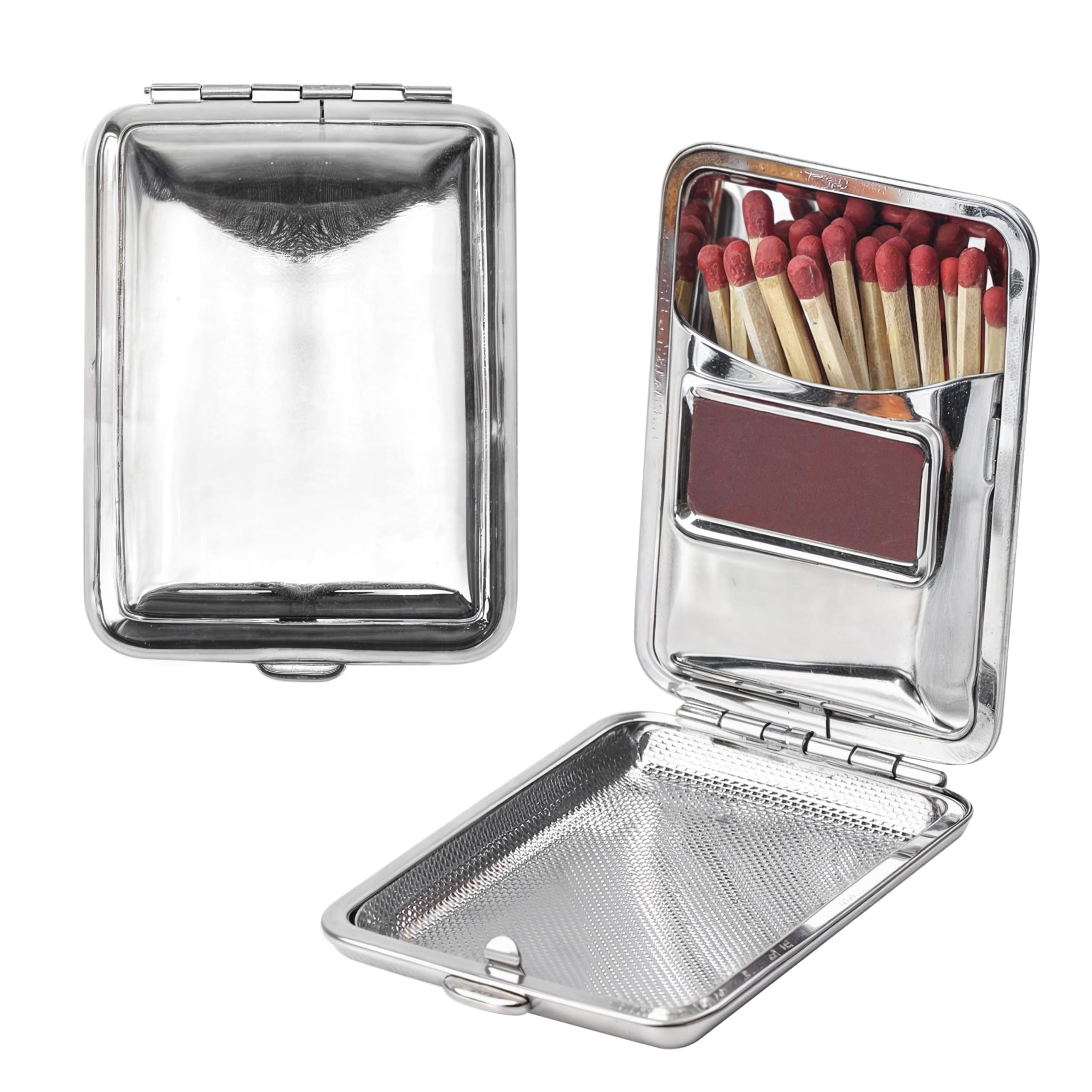 Metal Match Box Case Stainless Steel Matchboxes Matchstick Holder with Friction Plate Striker Mini Vintage Portable Storage Reusable Waterproof One Button Fire Starter for Fireplace Outdoor Camping, N