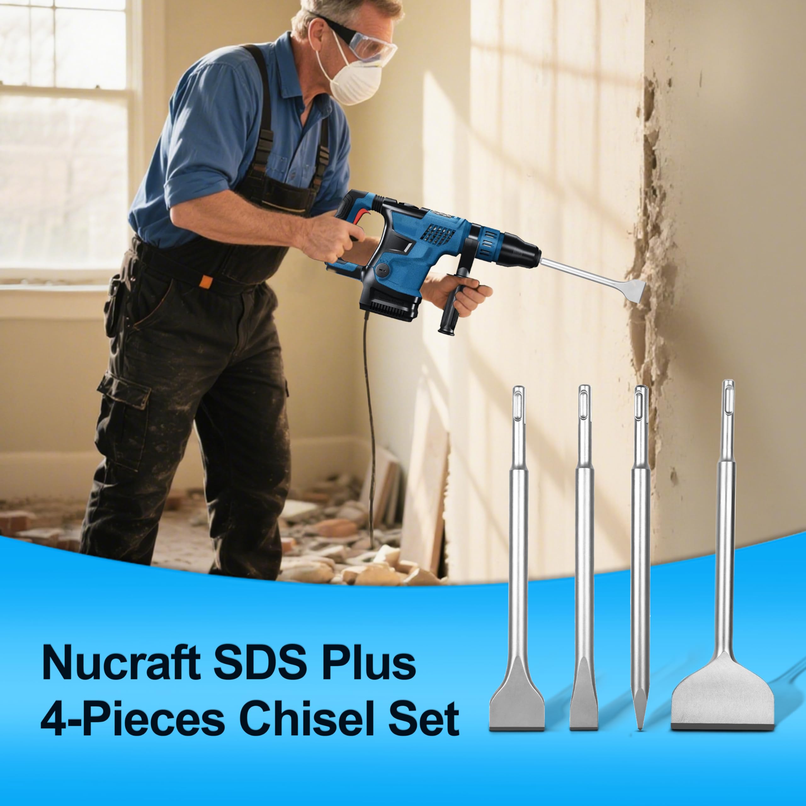 Nucraft Set di 4 scalpelli in acciaio SDS Plus, largo, piatto, appuntito, in Acciaio per Cemento, Mattone, Muro e Granito