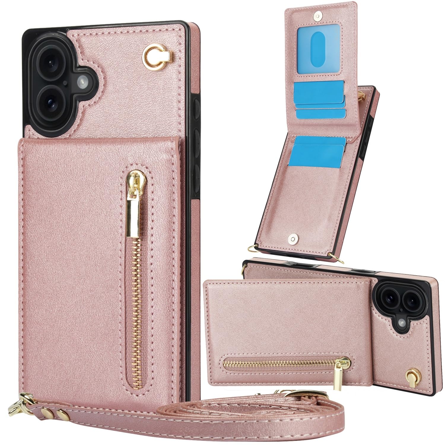 Etui ze smyczką na telefon komórkowy iPhone 16, ze skóry poliuretanowej (PU), z przegródką na karty, stojakiem, etui z klapką, etui damskie, etui na telefon komórkowy Apple 16. Crossbody