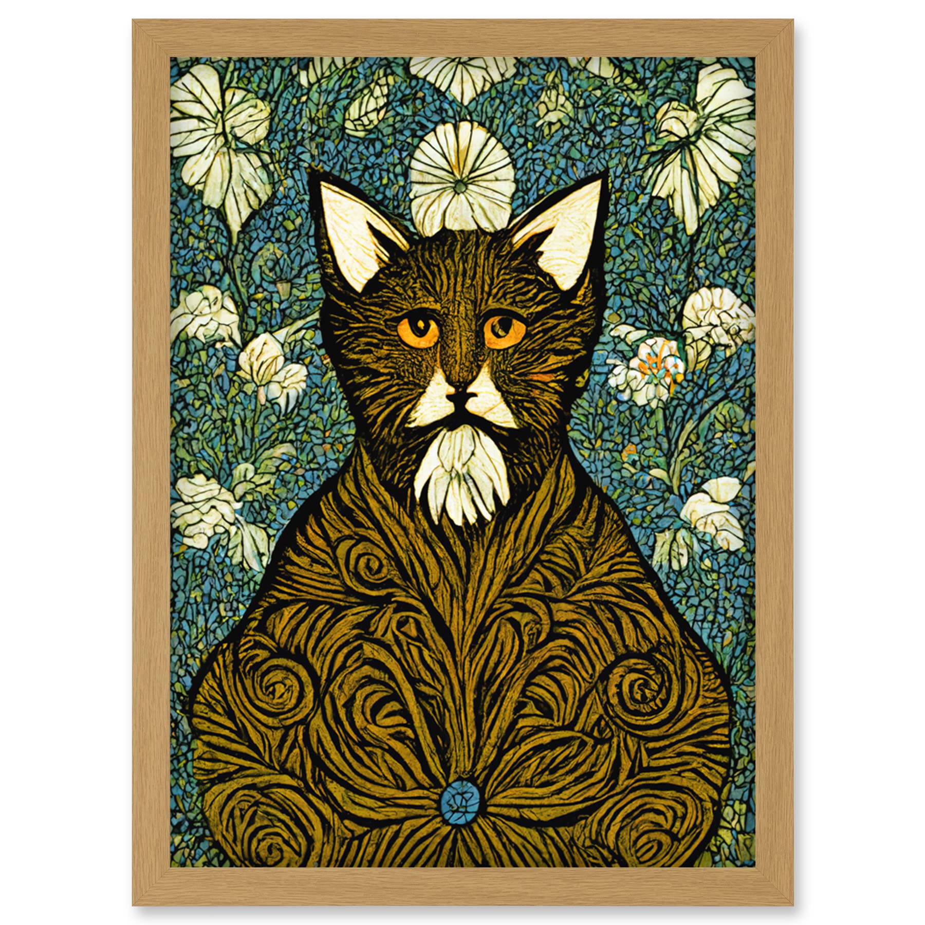 Doppelganger33 LTD Floral Paisley Illustrated Golden Cat William Morris Artwork Framed Wall Art Print A4