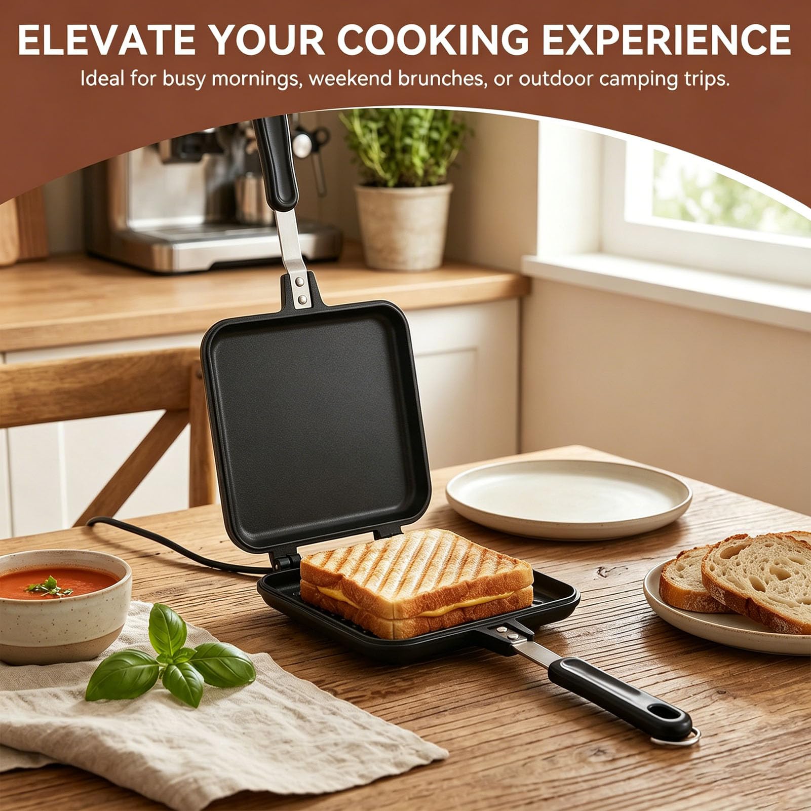 HERCHR Sandwich Maker Doppelseitig Bratpfanne, Pfanne Doppelseitig, Sandwichmaker Camping, Antihaftbeschichtet, Beidseitige Tortillas Sandwich Und Panini-Maker Pan Für Frühstück