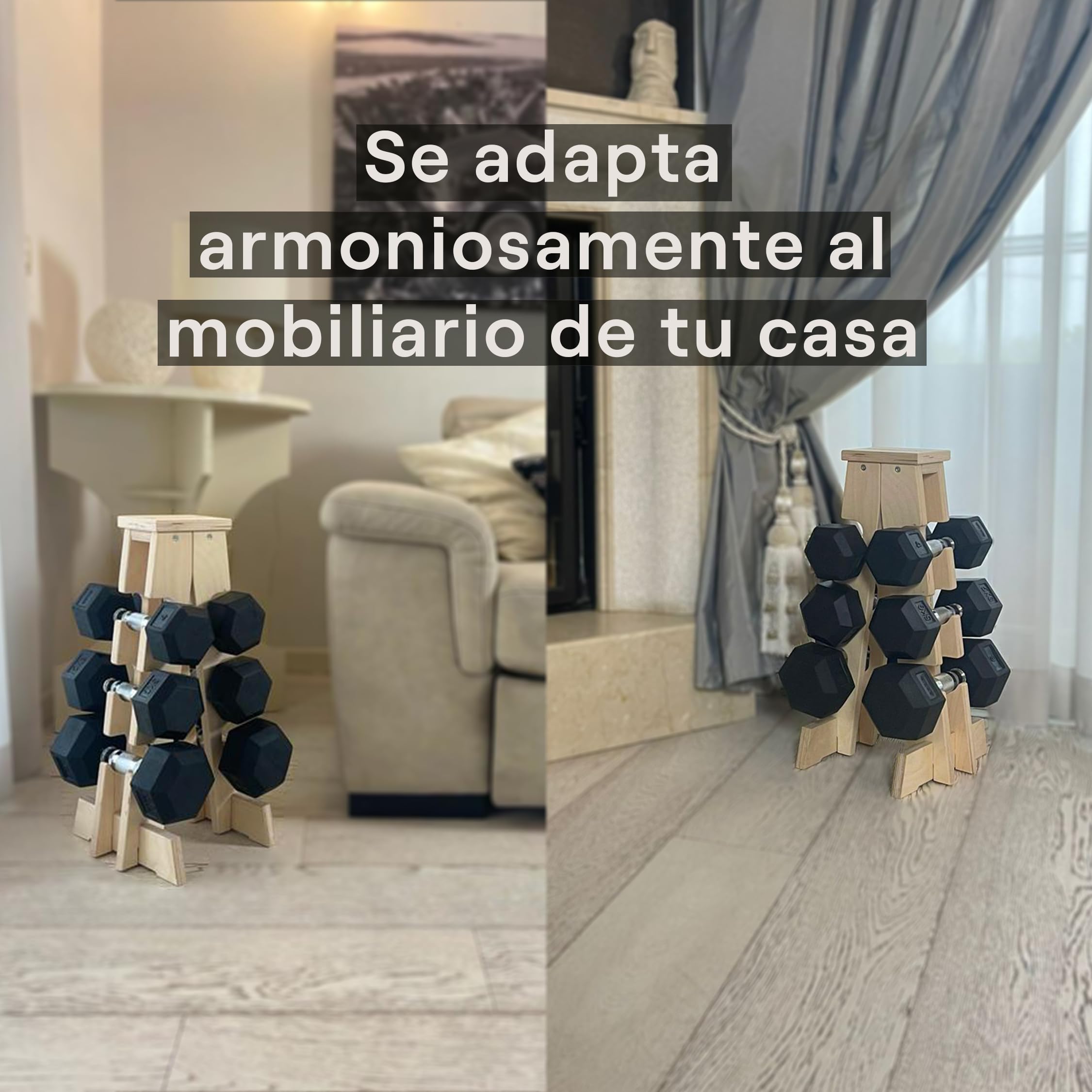 Meanswood Soporte para Mancuernas de Gimnasio en Casa – Estante para Mancuernas, Soporte de Pesas Ajustables, Estructura de Madera, Capacidad Máxima 70 kg (6 Pesas) - Made in Italy