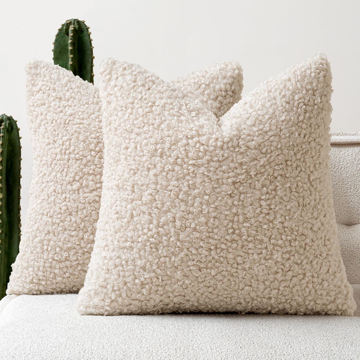 Woaboy Faux Fur Throw Pillow Covers 18x18 Inch Set of 2 Boucle Neutral Decorative Sherpa Fuzzy Accent Soft Sheepskin Fleece Cushions Modern Home Decor