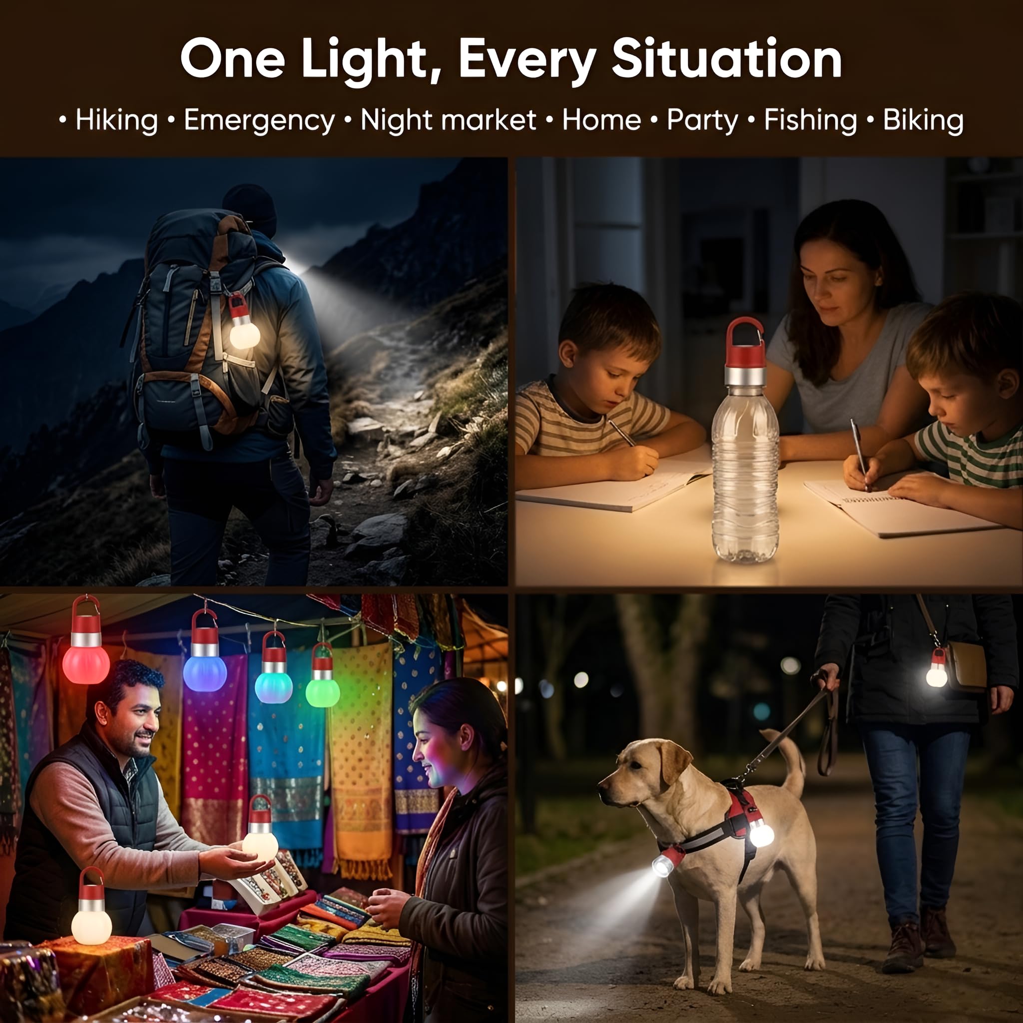 POCKETMAN Lanterna da campeggio ricaricabile a LED, 6 colori, USB-C | Confezione da 6 pezzi, 6 colori, 37 g ultra leggero, 10 modalità, RGB, IPX4 impermeabile, filo per bottiglia, gancio, USB-C
