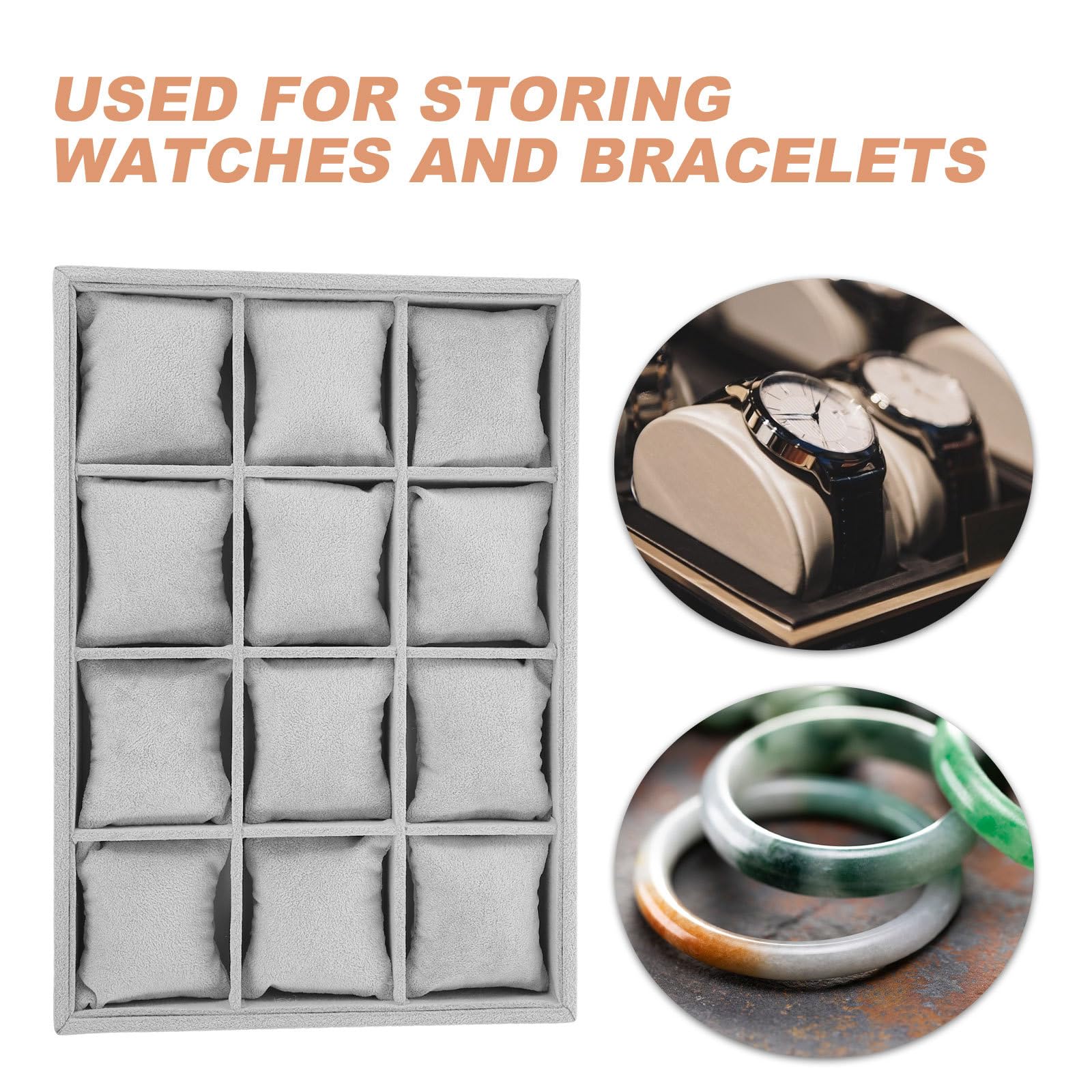 SOLUSTRE Vassoio Porta Braccialetti e Orologi 12 Scomparti, Organizer per Gioielli Grigio Morbido, Supporto Espositivo Compatto per Bracciali e Custodia da Scrivania