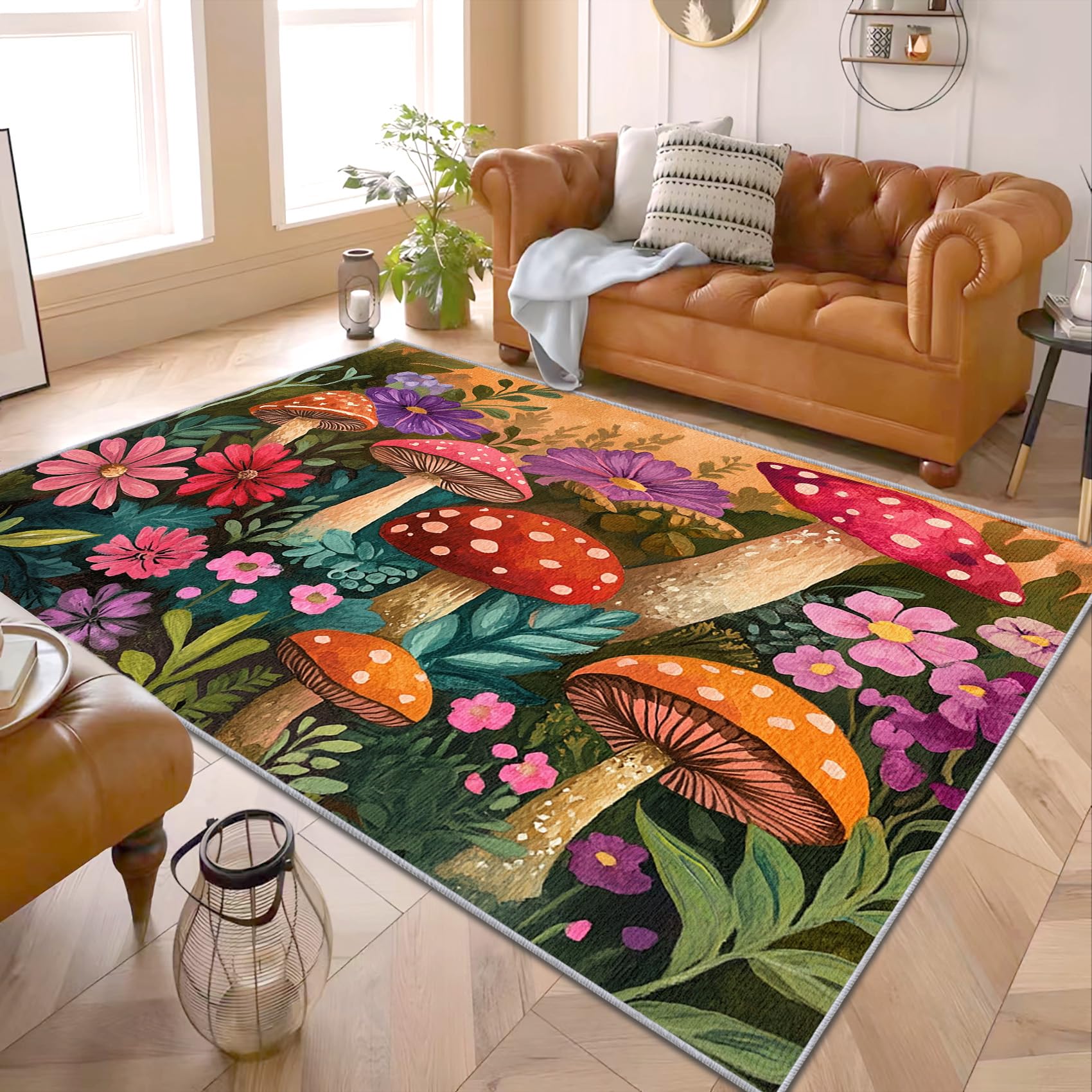 PaxGloz Mushroom Decor Bedroom - Mushroom Nursery Rug, Kids Woodland Rugs for Living Room Bedroom, Washable Non Slip Soft Small Carpet, Patterned Area Rugs & Home Decor 40x60 cm