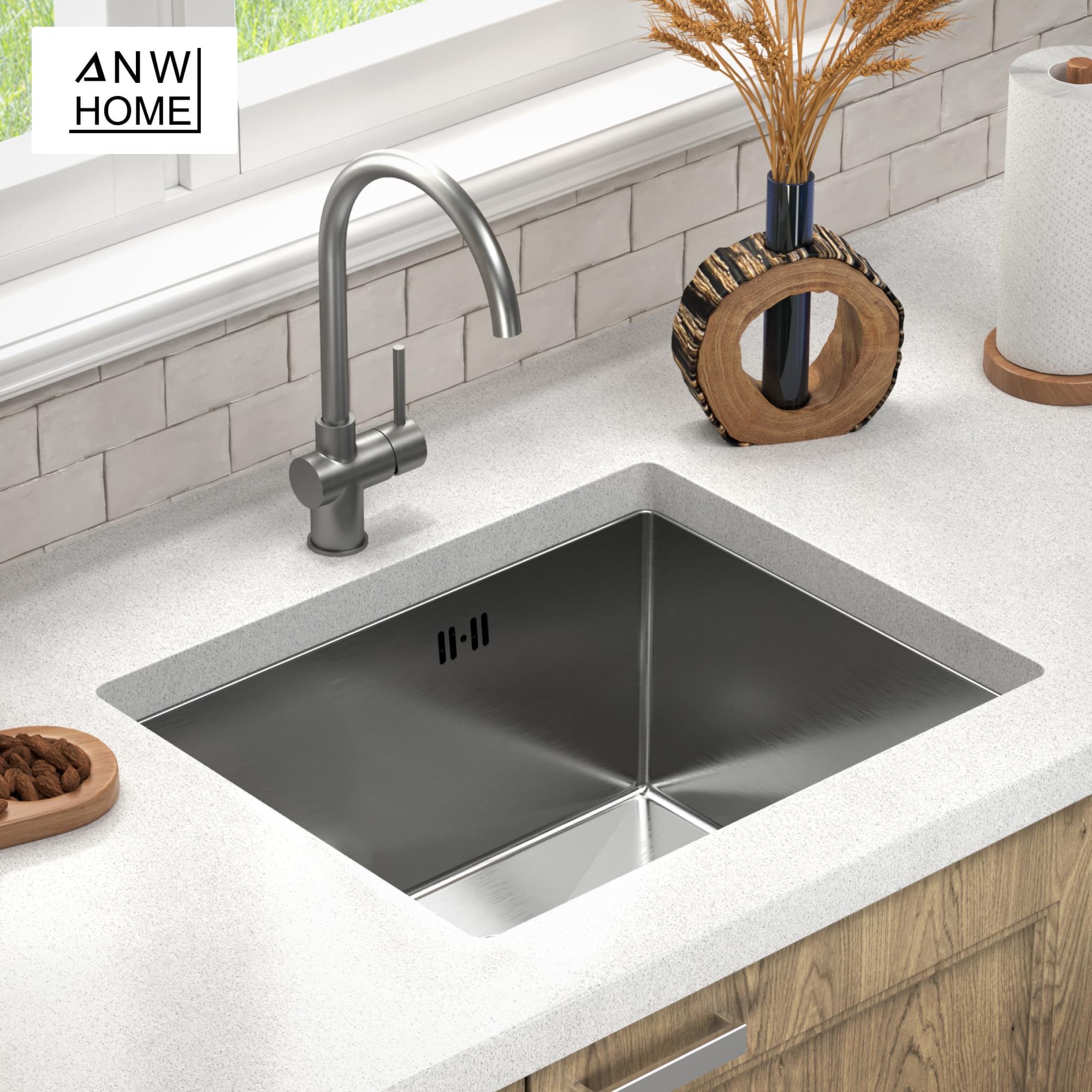 ANW HOME Zlewozmywak Kuchenny 1-komorowy 54x44 cm, Stal Nierdzewna 304 | Wpuszczany/Podblatowy, Powłoka Nano, Grubość 3.0+1 mm, Głębokość 22 cm, Z Syfon