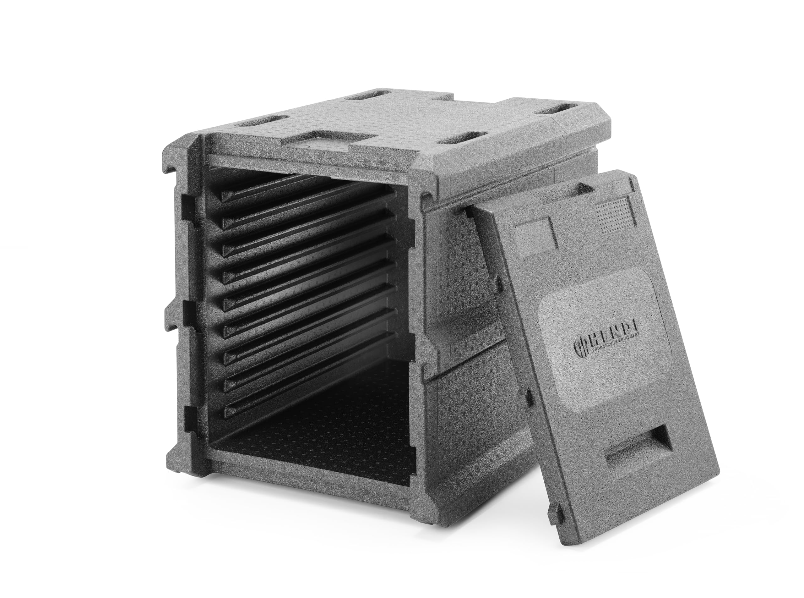 HENDI Caja Térmica Profesional para el Transporte de Alimentos Calientes y Fríos, Contenedor Isotérmico con Cierre Frontal y 9 Guías para Bandejas 600x400mm, Apilable, 540x700x(H)640mm, EPP