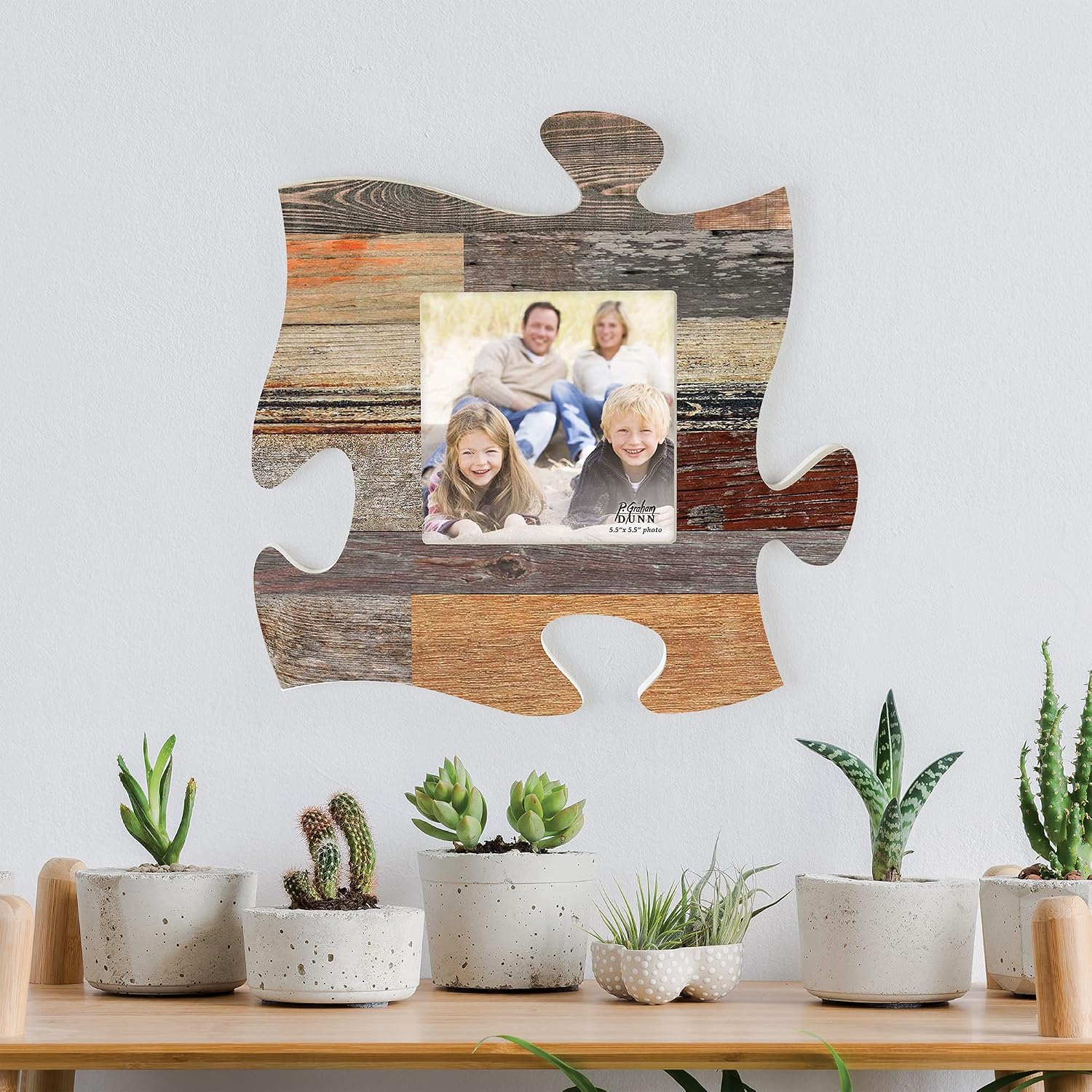 P. Graham Dunn Neutral Multicolor Distressed Wood Look 12 x 12 Wall Hanging Wood Puzzle Piece Photo Frame