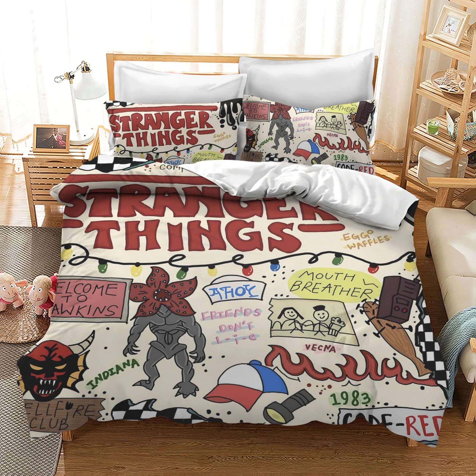 YJZINING Stranger Bed Three Piece Set Valentine's Day Decorative Gifts Starry Sky Alphabet Background Bedroom Decoration Warm and Comfortable Children's Bedding (Style-1, Queen（90"X90"）)