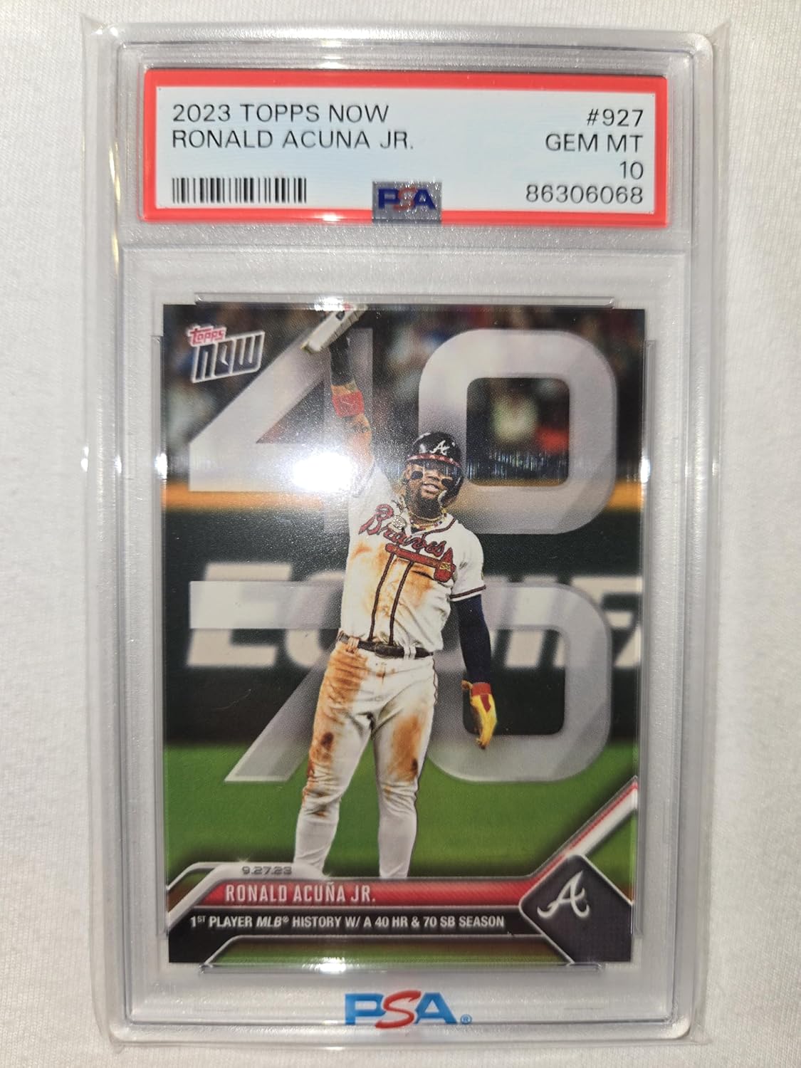 2023 Ronald Acuna Jr. #927-1st Player in MLB History W/a 40 HR / 70 SB Season. - 9/27/23 - Baseball Trading Card- Atlanta Braves PSA 10 GEM MINT