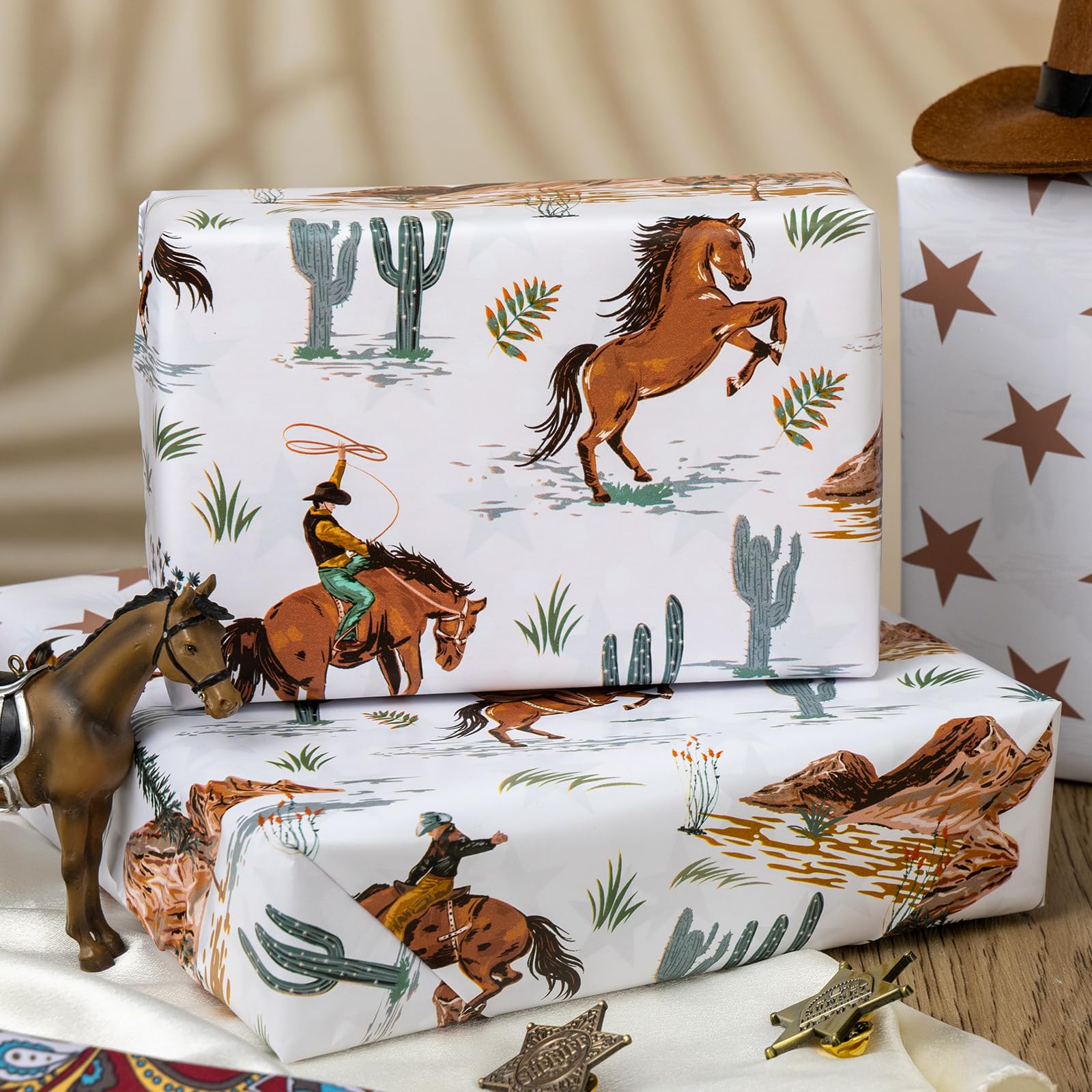 Homeral Western Rolka papieru do pakowania - wzór kowbojskiego konia i gwiazdy, dwustronny papier prezentowy na urodziny chłopców, impreza Wild West Nashville - mini rolka - 43 cm x 90 cm