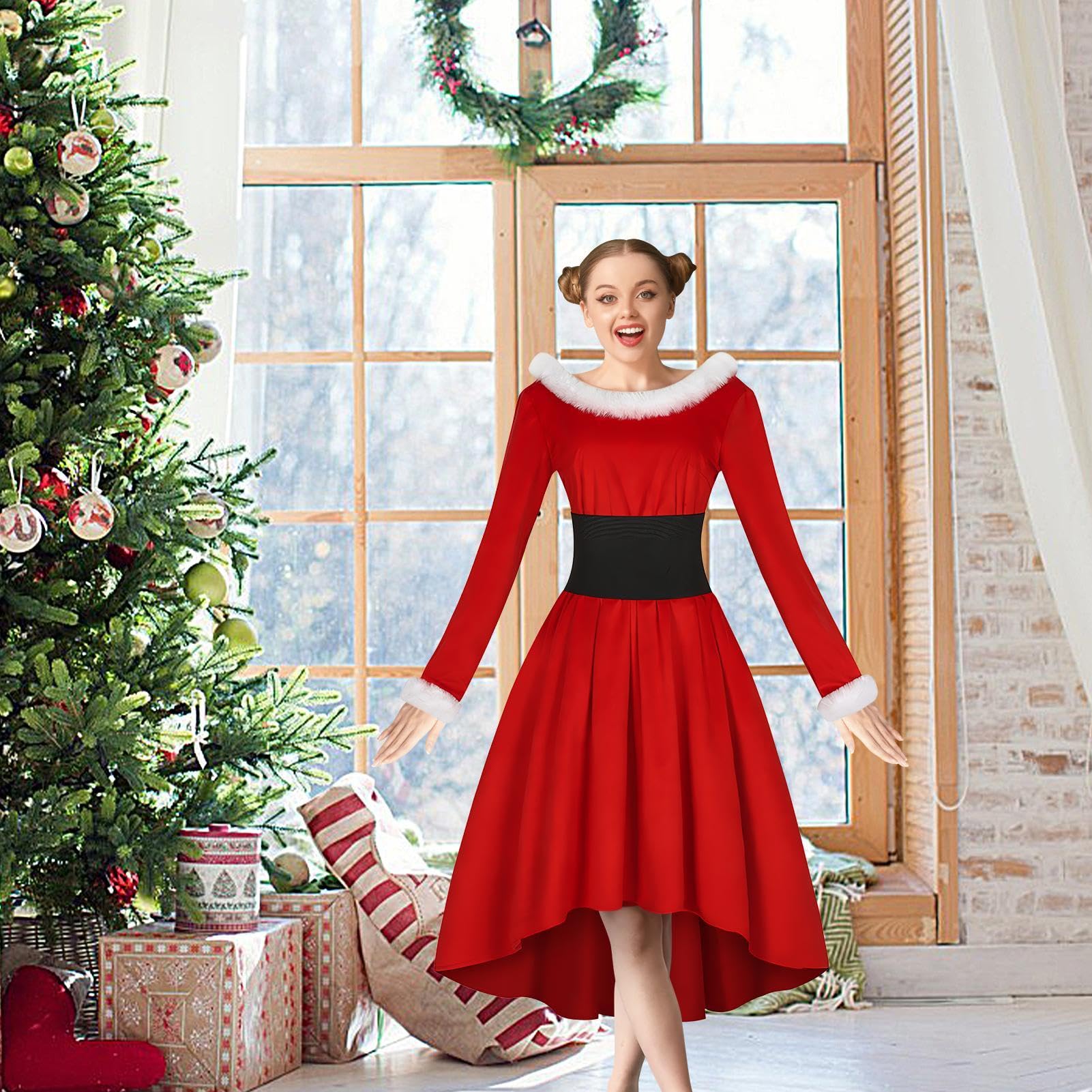 Costume da donna, vestito natalizio vintage, a maniche lunghe, per Natale, San, anniversari