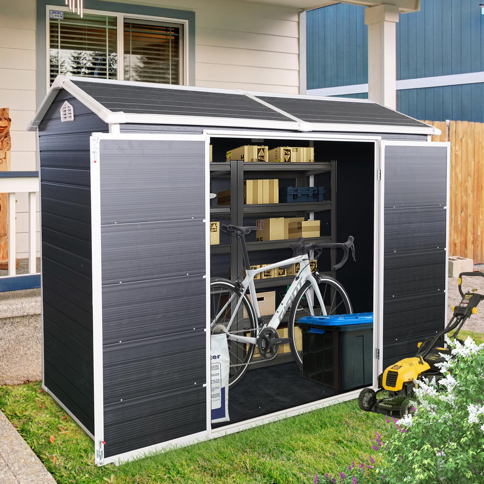 Extrastar 8x4FT Outdoor Storage Shed: Heavy-Duty Resin Shed with Double Doors, Built-in Floor, Windows & Air Weatherproof for Garden, Yard, Patio (
