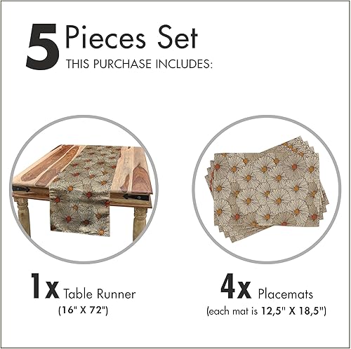 Miniatura 5 de Ambesonne Camino de mesa y manteles individuales vintage, estilo artístico de bosquejos, margaritas gerberas, flores abstractas, flores de jardín de