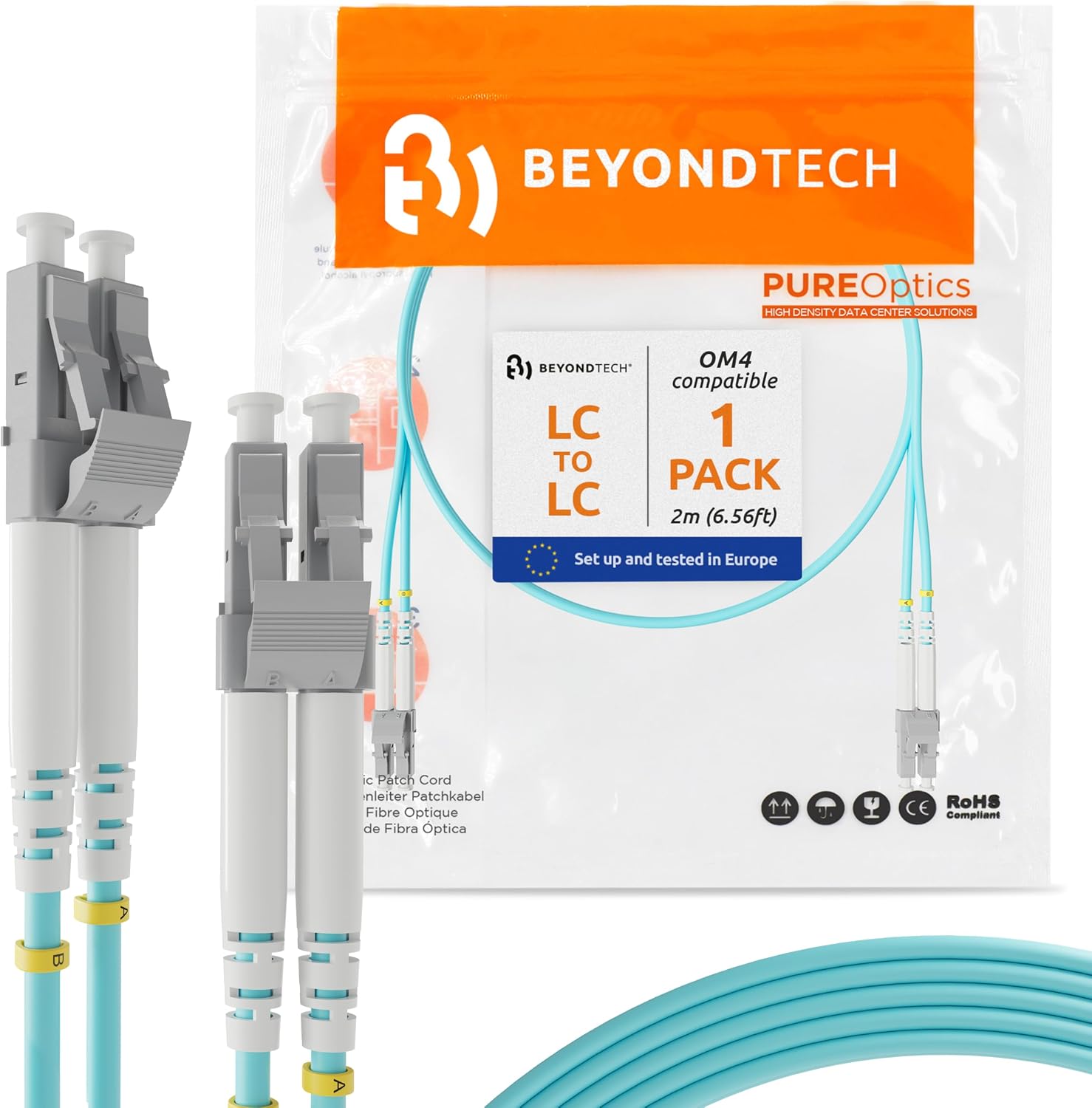 BEYONDTECH 2m (6ft) LC to LC Fiber Patch Cable – (1 Pack) UPC Multimode Duplex Fiber Optic Cable – 50/125µm core, Compatible with OM4 – 40G LSZH PUREOptics Series