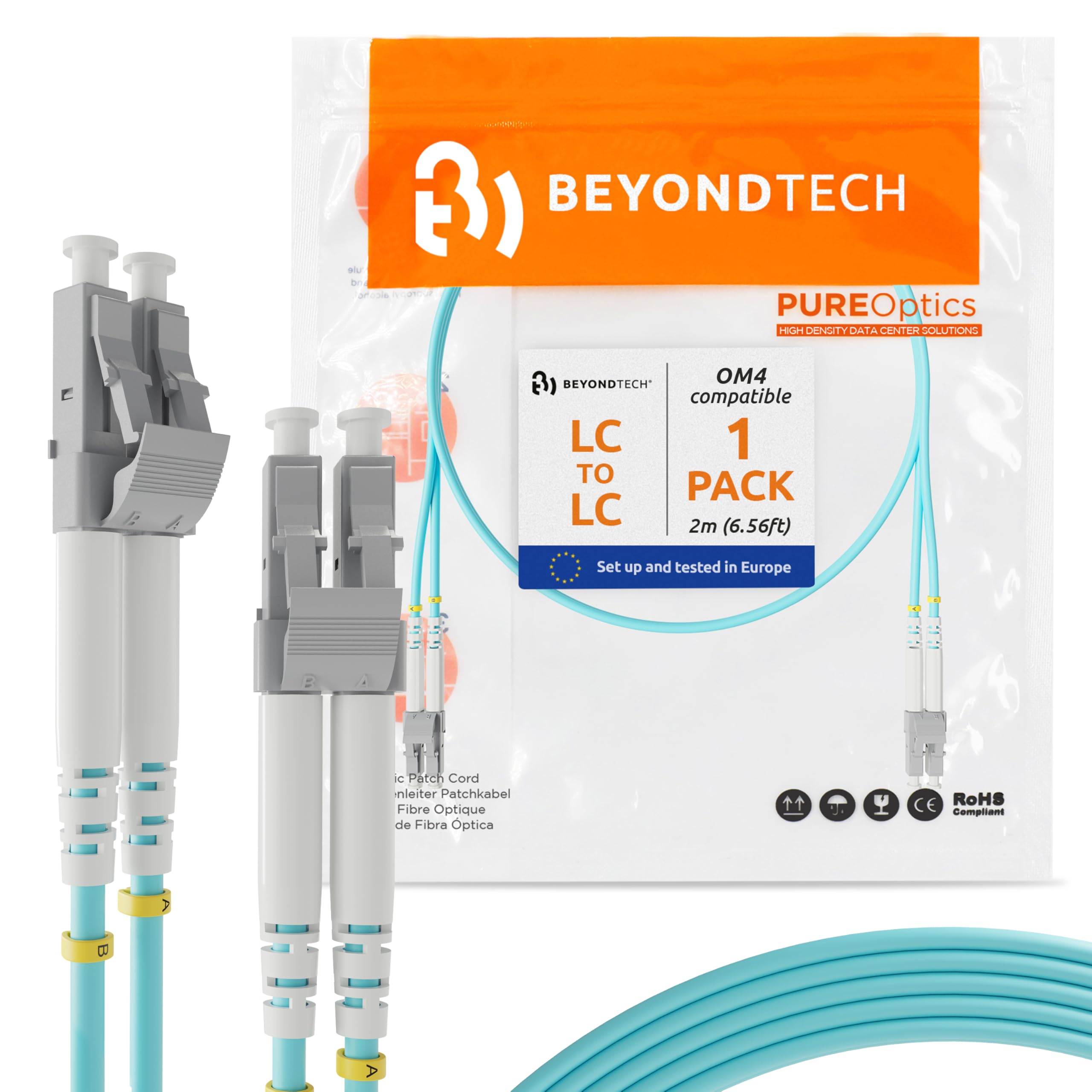 LC to LC OM4 Fiber Patch Cable Multimode Duplex - 2m (6ft) - 50/125 100Gb Aqua Color - Beyondtech PureOptics Series