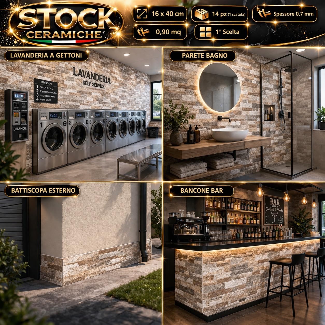 Stock Ceramiche Piastrella Mattonella Gres Porcellanato Effetto Pietra, 16 x 40 cm, 14 Pezzi, 0,90 mq, per Rivestimento Interno/Esterno