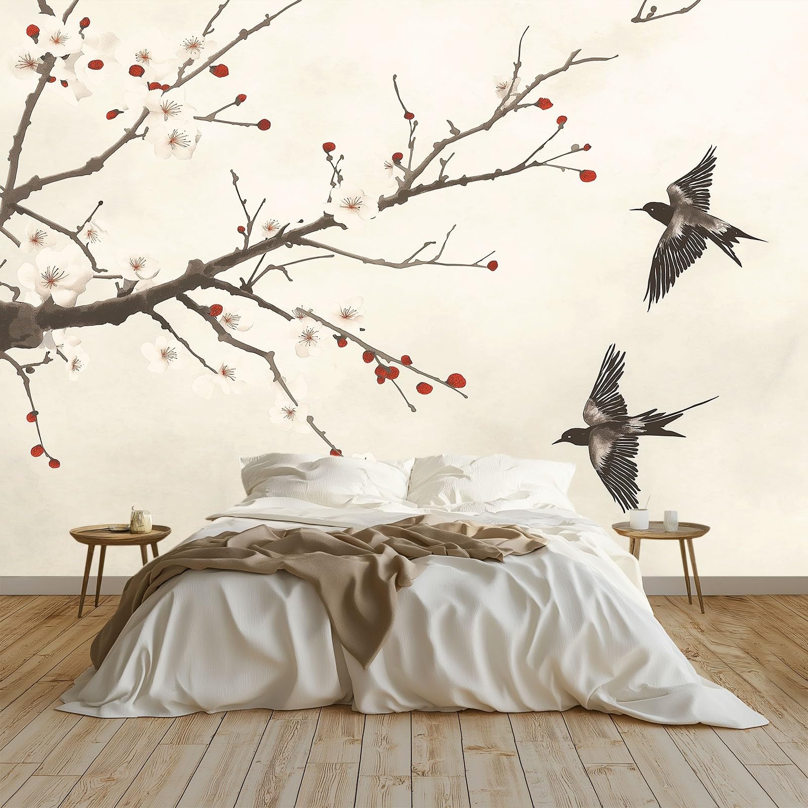 Papier peint panoramique oiseau style traditionnel grand format luxe crème