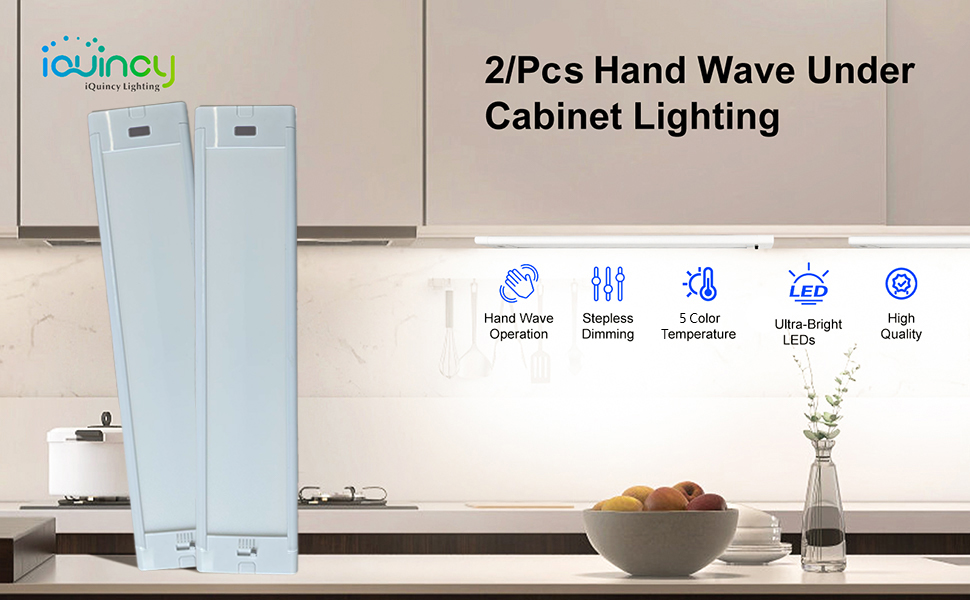 Image of 12 Inch Under Cabinet Lights 2 Packs High Brightness Easy Install Plug in, Hand Wave Activated LED Under Counter Lights for Kitchen bookshelf 5CCT&Stepless Dimmable Closet motion Light(12*2)