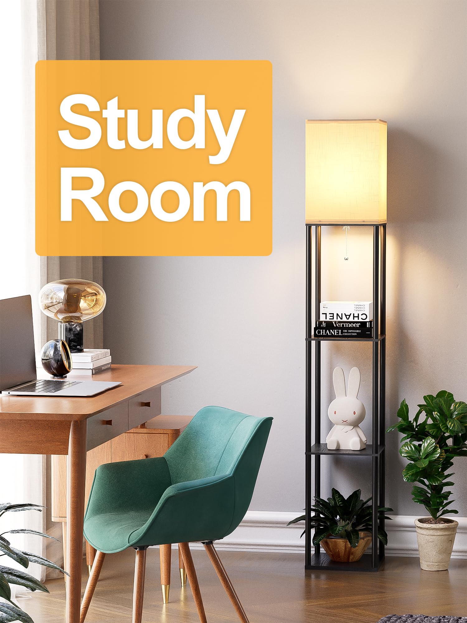 Floor Lamp with Shelves for Living Room, Shelf Floor Lamp with 3 CCT LED Bulb, Corner Display Standing Column Lamp Etagere Organizer Tower Nightstand with White Linen Shade for Bedroom, Office - Image 7