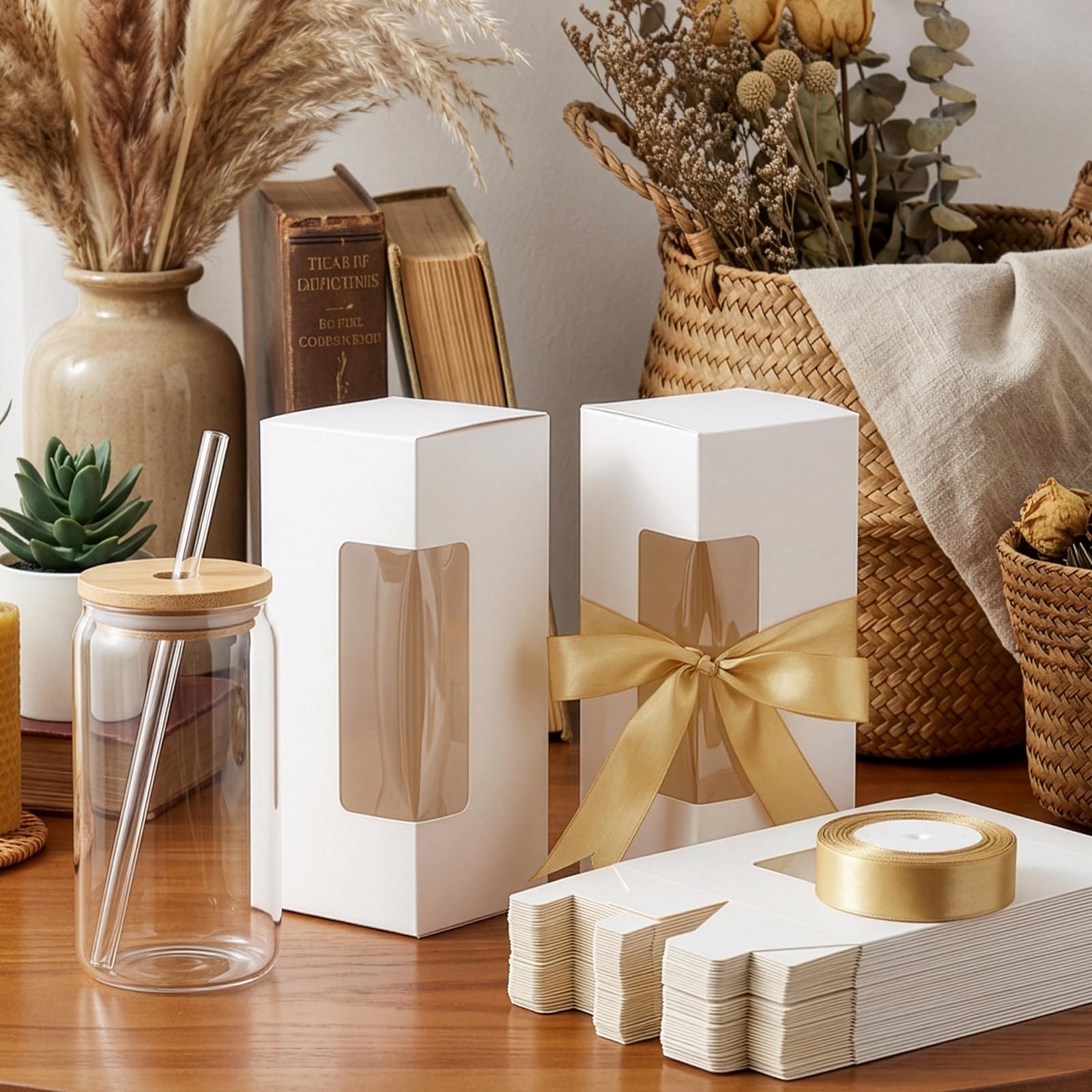 AVLA 50 Pack Tumbler Geschenkbox mit Band, 12 16 567g Sublimationsglas Ausstellungsboxen, Flaschenbecher Verpackungsboxen mit Fenster zum Verpacken Geburtstag Hochzeit Jubiläen Weihnachten