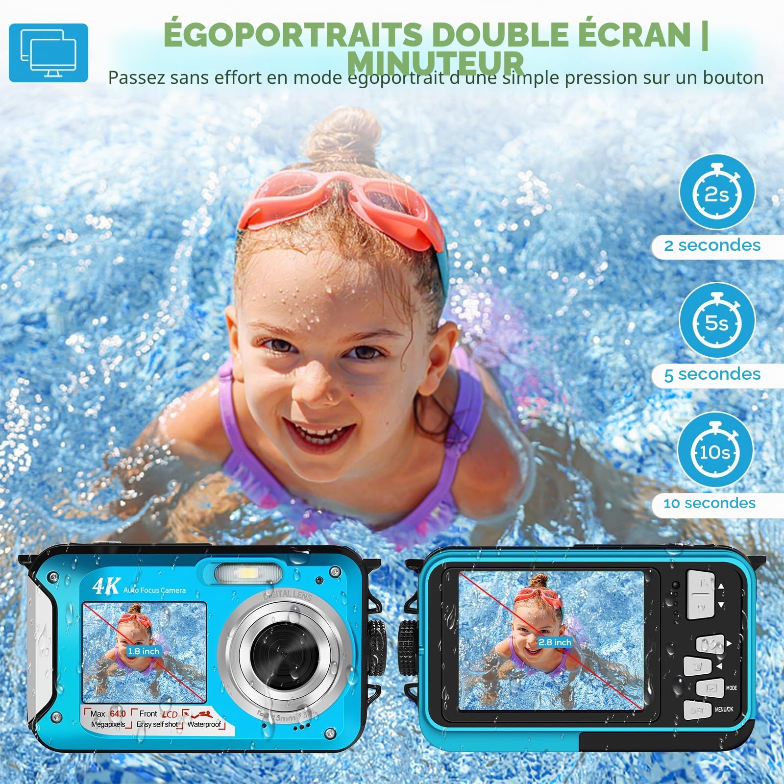 Appareil Photo Etanche 64MP avec Carte 64GB, Camera Etanche 4K avec Autofocus Et Double Écran Selfie, Appareil Photo Etanche Numérique 5 Mètres, Caméra Enfants Snorkeling (2 Batteries)