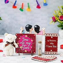Dreamica Kissing Couple Showpiece with Reasons why I Love You Cards, Teddy Keychain, You are my Star Standee And Message Bottle | Best Valentine Gift for Husband, Wife, Boyfriend And Girlfriend