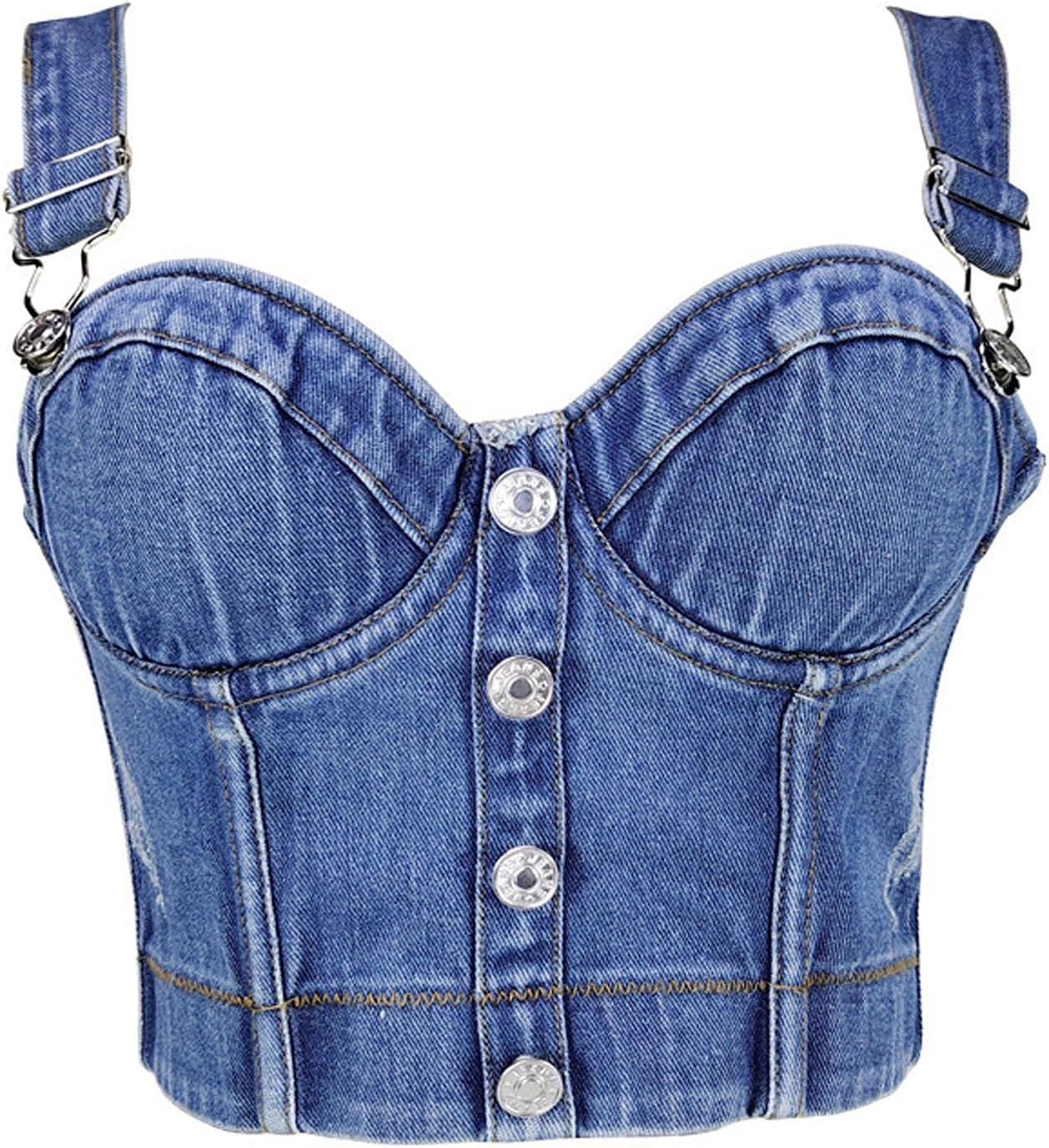 Women's Denim Bustier Crop Top Jean Corset Top Bra with Buttons