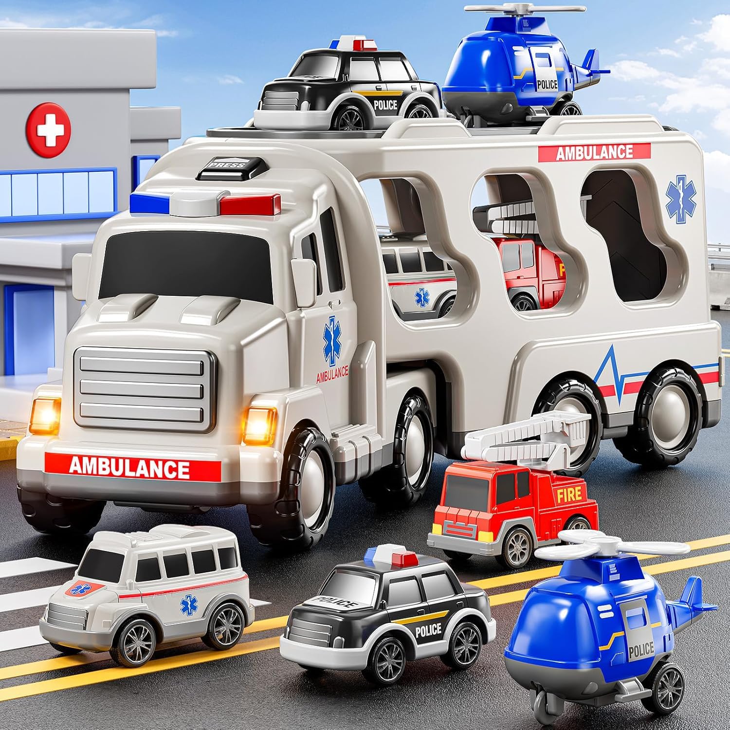 MiniExplorer 5 in 1 Ambulance Vehicle Toddler Truck Toys,Friction Powered Cars with Toy Helicopter,Police Car,Fire Truck,Ambulance Car,Birthday Gifts for Girls Age 3-9 3