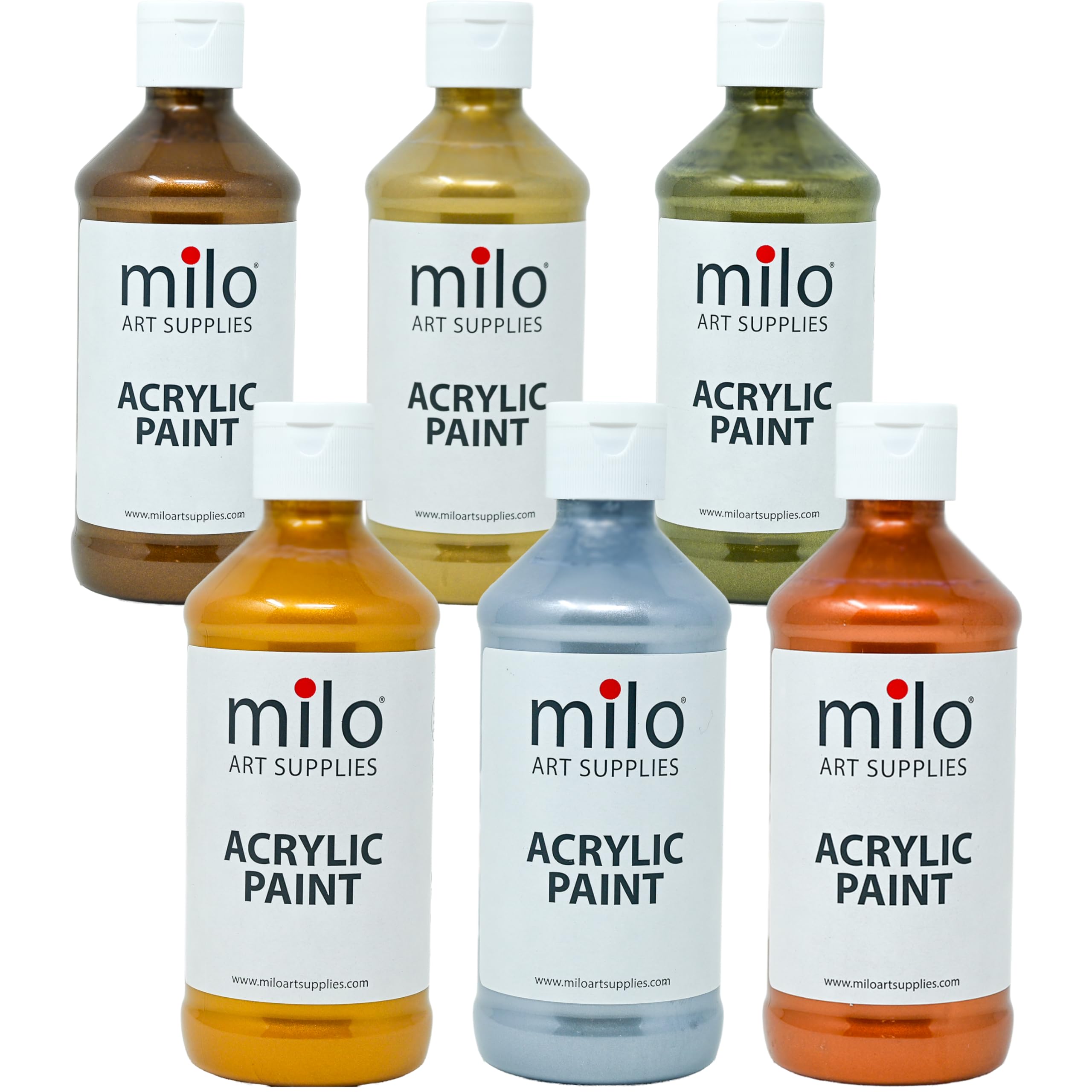 milo Metallic Acrylic Paint Set of 6 Colors | 8 oz Bottles | Student Metallic Colors Acrylics Painting Pack | Made in the USA | Non-Toxic Arts &