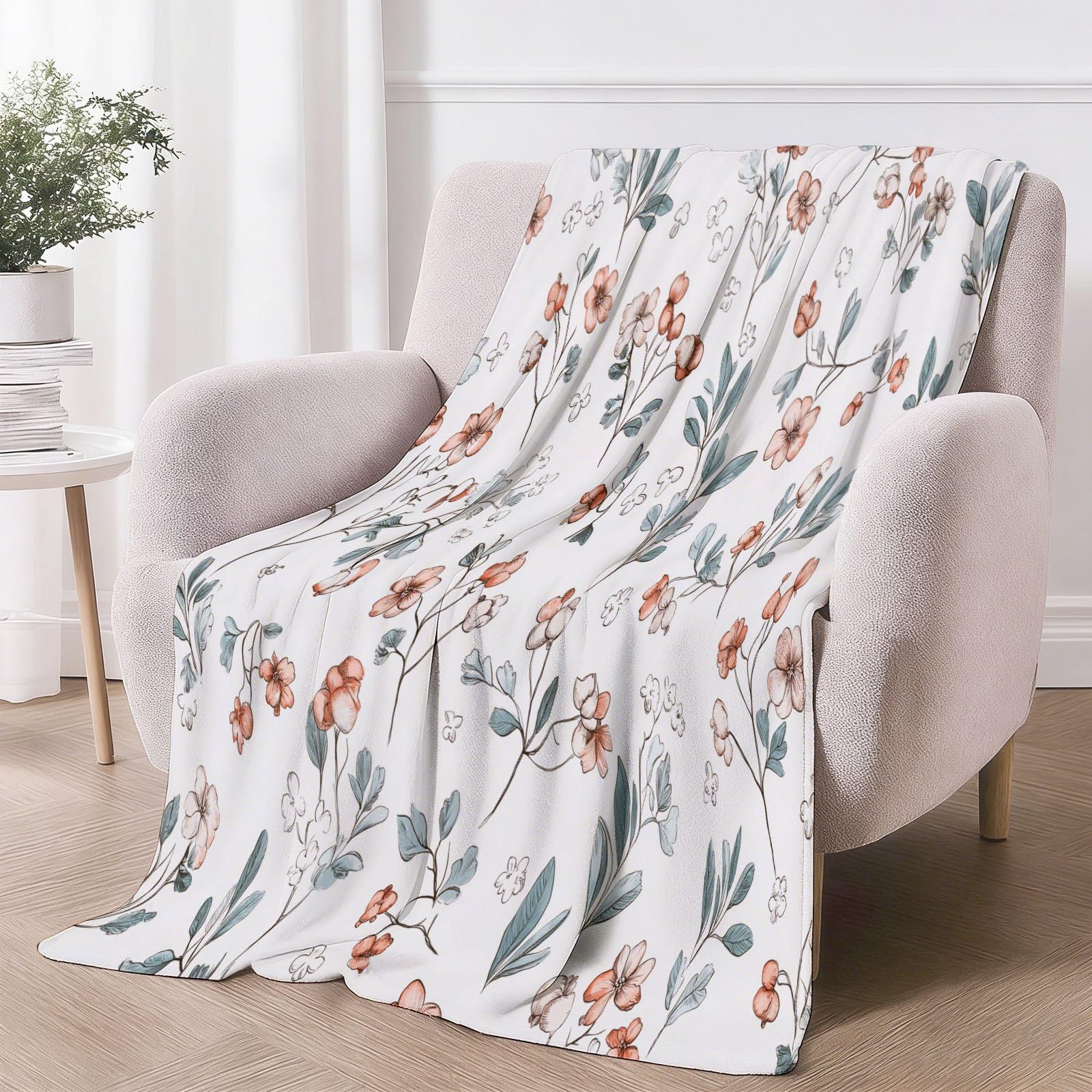 Coperta rustica in pile Sherpa con stampa floreale e piccoli fiori e piante, reversibile, 180 x 200 cm, per biancheria da letto, divano, letto, decorazione per la casa, beige e verde