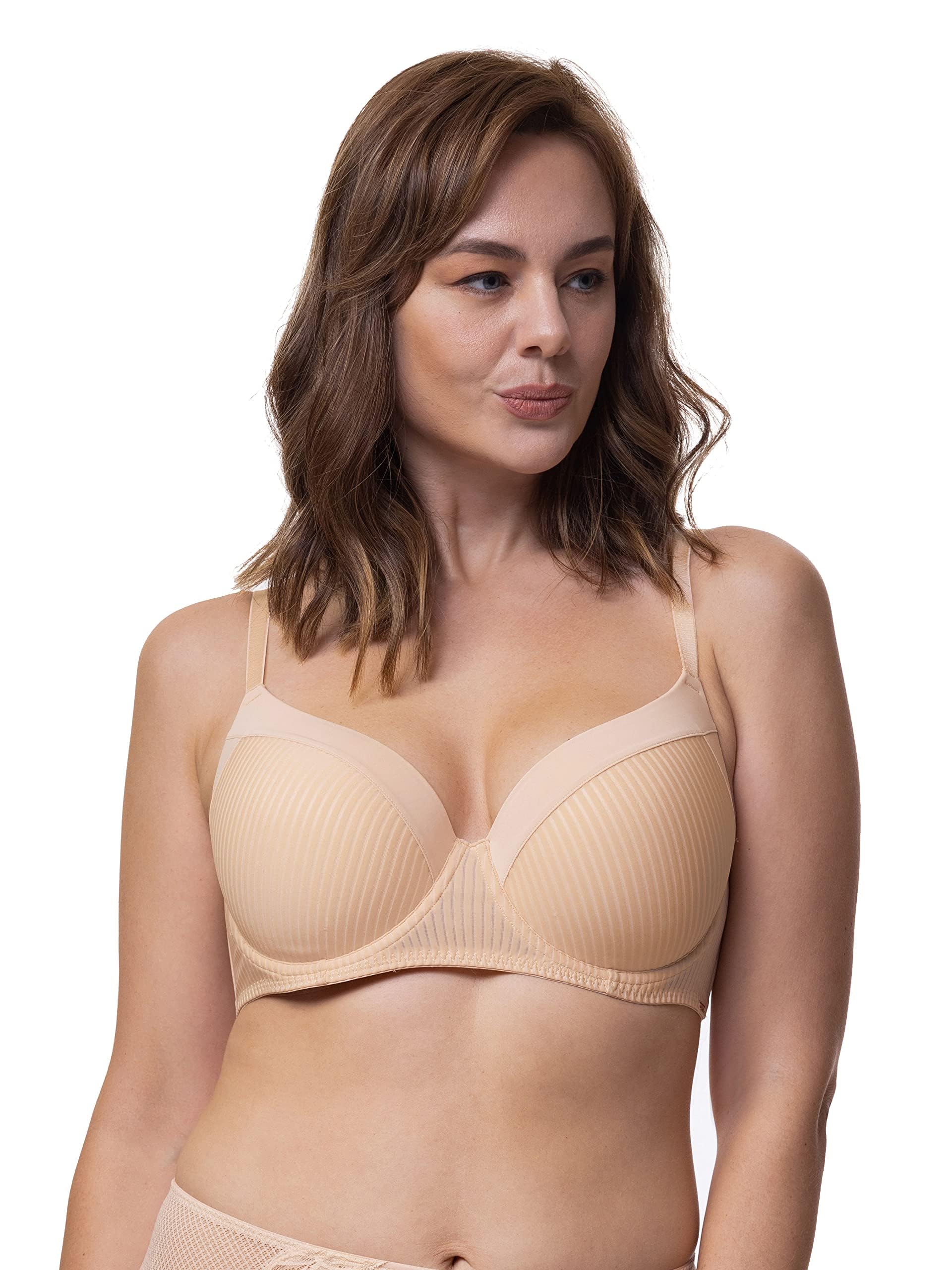 Dorina Sujetador Carmen Demi para Mujer – Ligeramente Acolchado, con Aros, Tejido Micro a Rayas Burnout, Espalda en U Power Mesh, Cierre de Tres Corchetes para Tallas Grandes/​Curvy, Beige