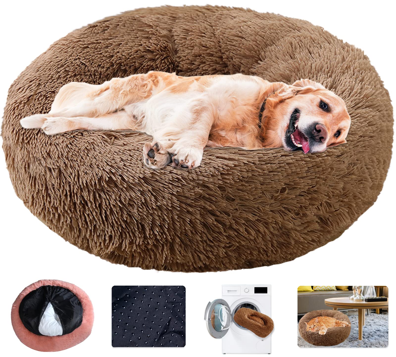 Hundebett Rund Hundesofa Beruhigende Flauschig,Plüsch Weich Donut Nest Hundekissen Katzenbett Waschbar Warm,mit Reißverschluss,Leicht zu Zerlegen,17 Farben-Brown|| 2XL-90cm/35.4in
