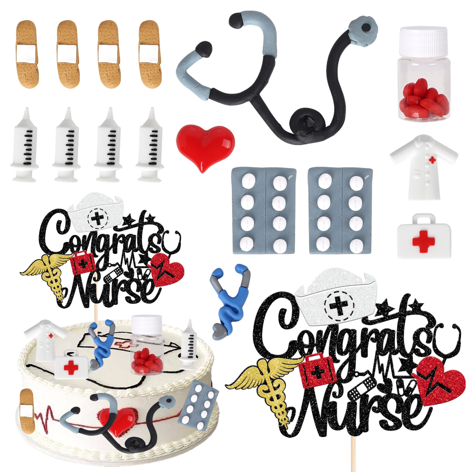 Xsstarmi Nurses Day Cake Topper Decorations with Stethoscope Heartbeat Ayringe Pills Cake Pick Decorations for RN Medical School Graduation Happy Nurses Day Party DIY Cake Decorations โ image 1
