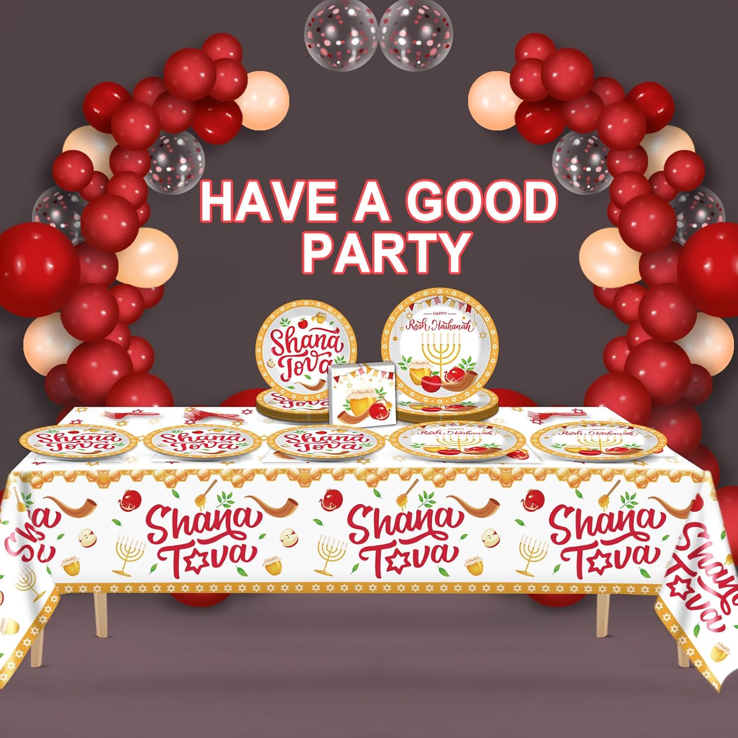 98 Pcs Rosh Hashanah Party Supplies Jewish New Year Plates Shana Tova Party Tablecloth Rosh Hashanah Party Decorations for Kitchen High Holy Day Tableware Paper Forks Napkins Plates for 24 Guests